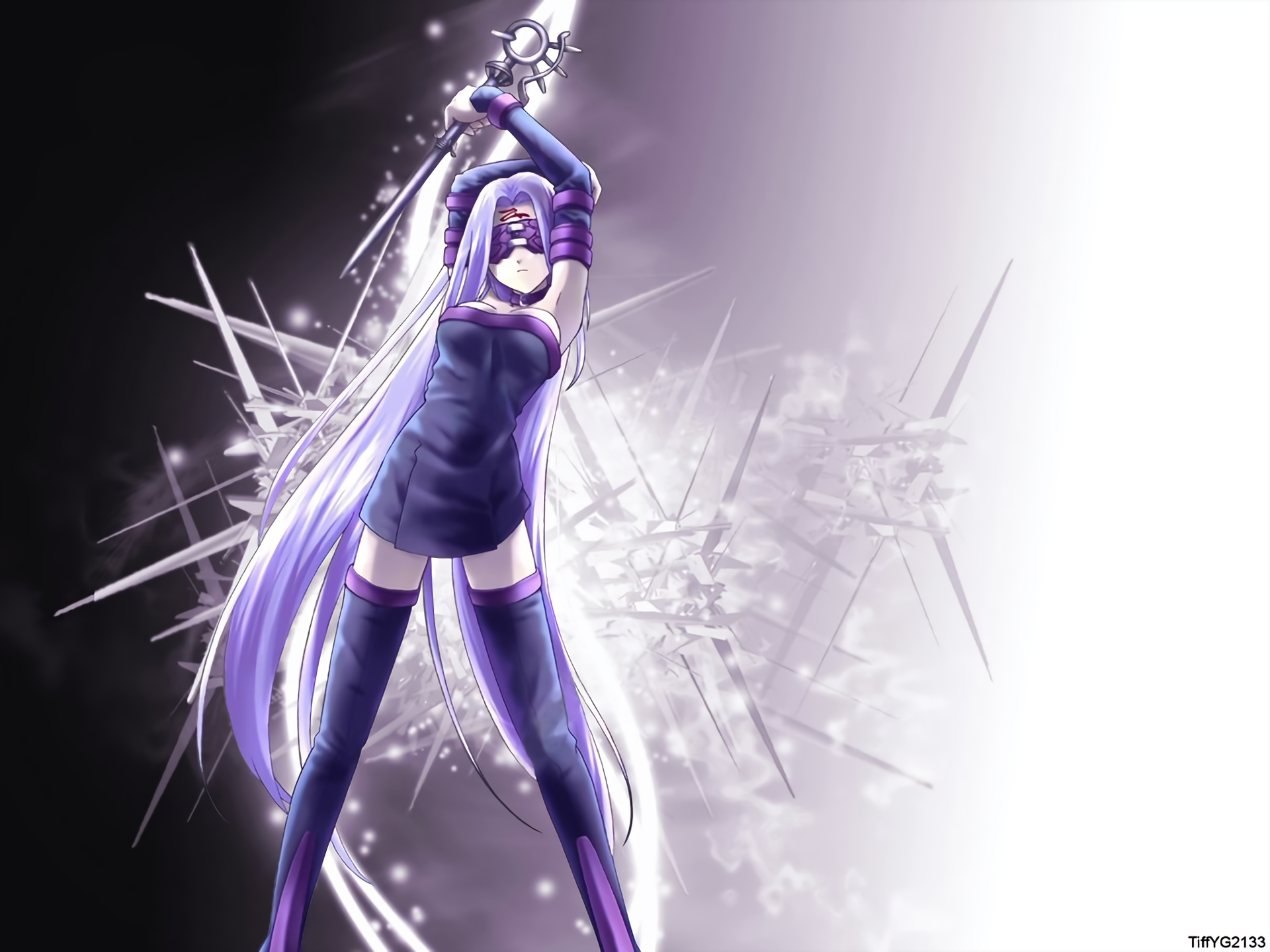 Anime Black Dress Blindfold Boots Dress Fate Series Long Hair Purple Hair Rider Fate Stay Night Thig 1920x1440
