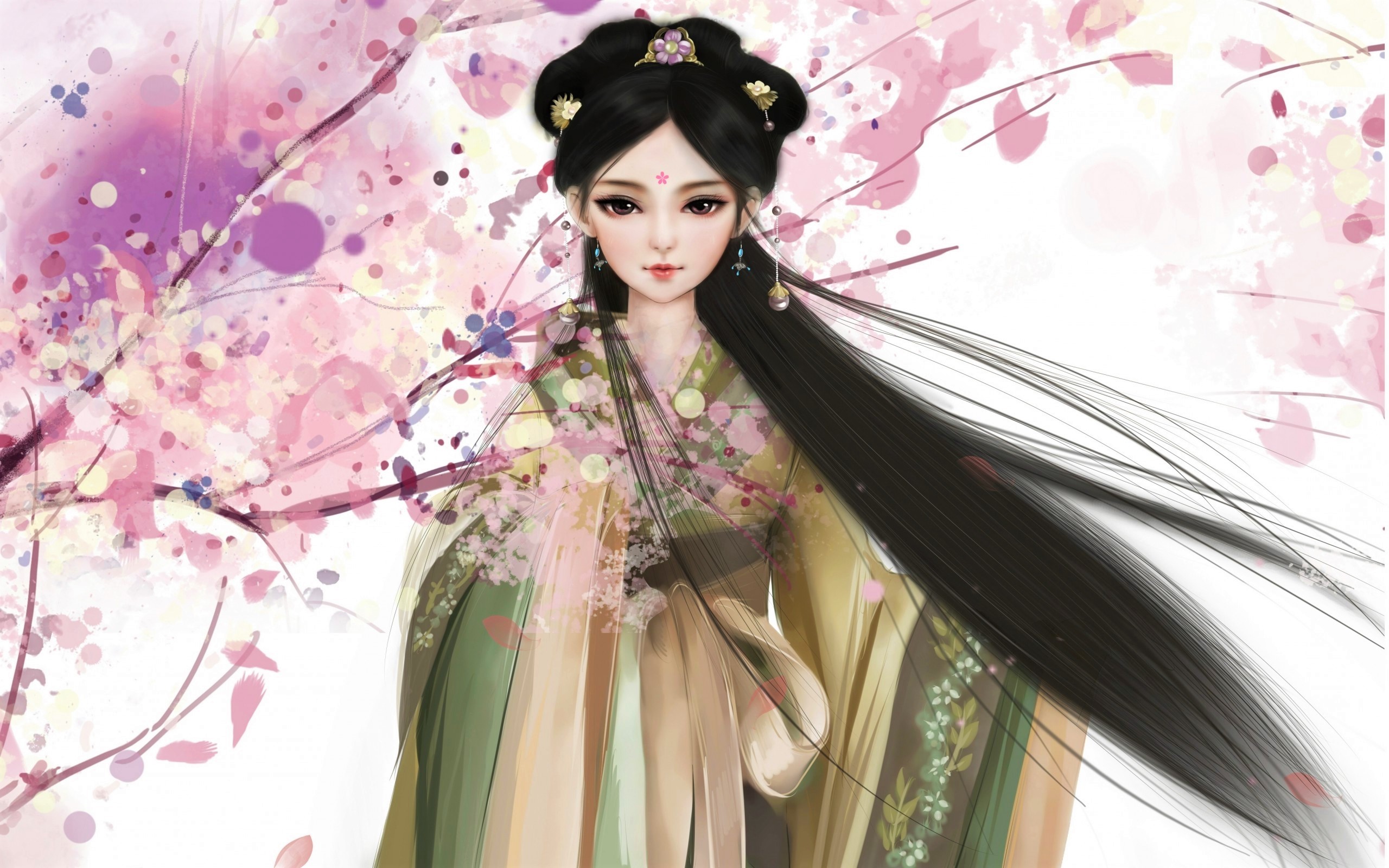 Asian Black Hair Geisha Girl Kimono Long Hair Spring Woman 2560x1600