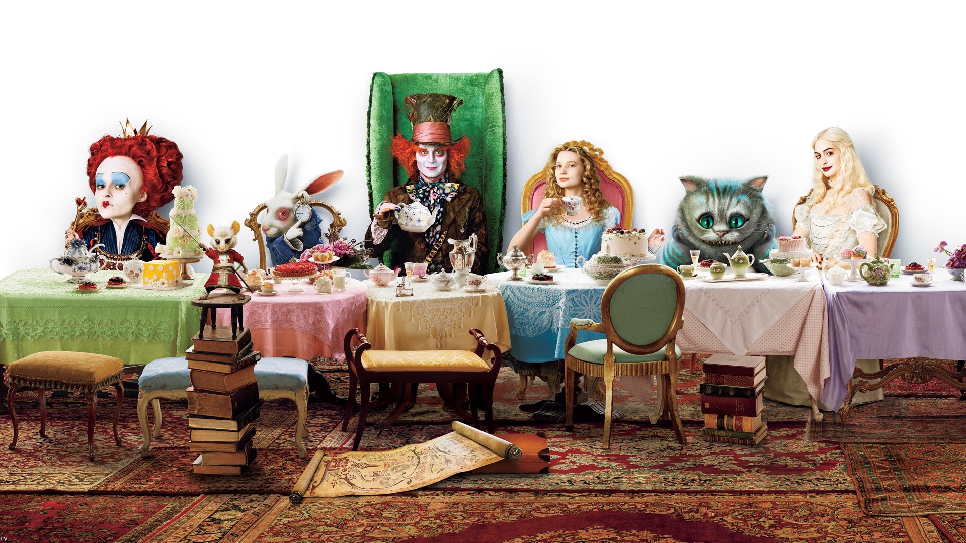 Alice Alice In Wonderland Anne Hathaway Cheshire Cat Helena Bonham Carter Johnny Depp Mad Hatter Mia 1920x1080