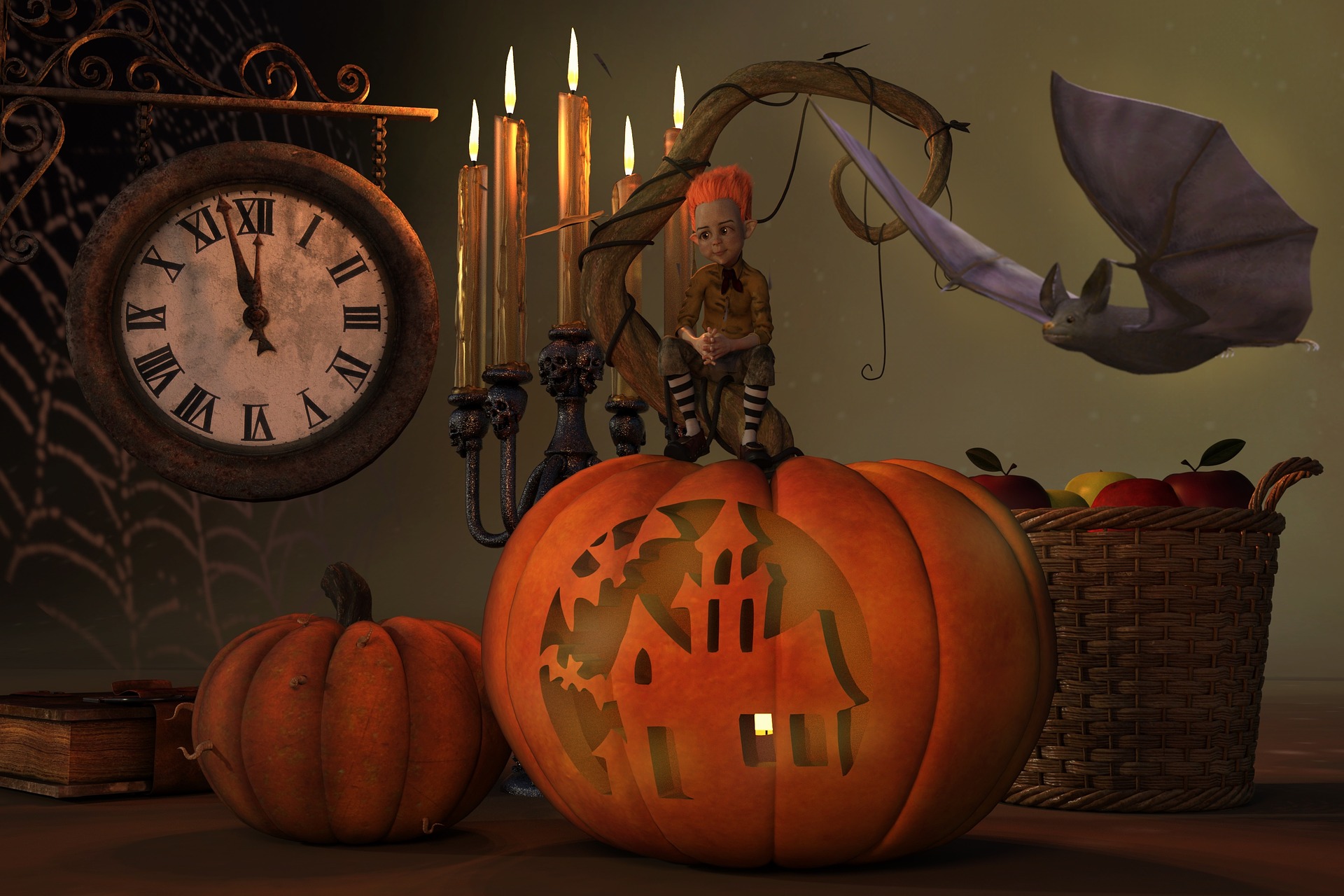 Bat Clock Elf Halloween Jack O 039 Lantern Pumpkin 1920x1280