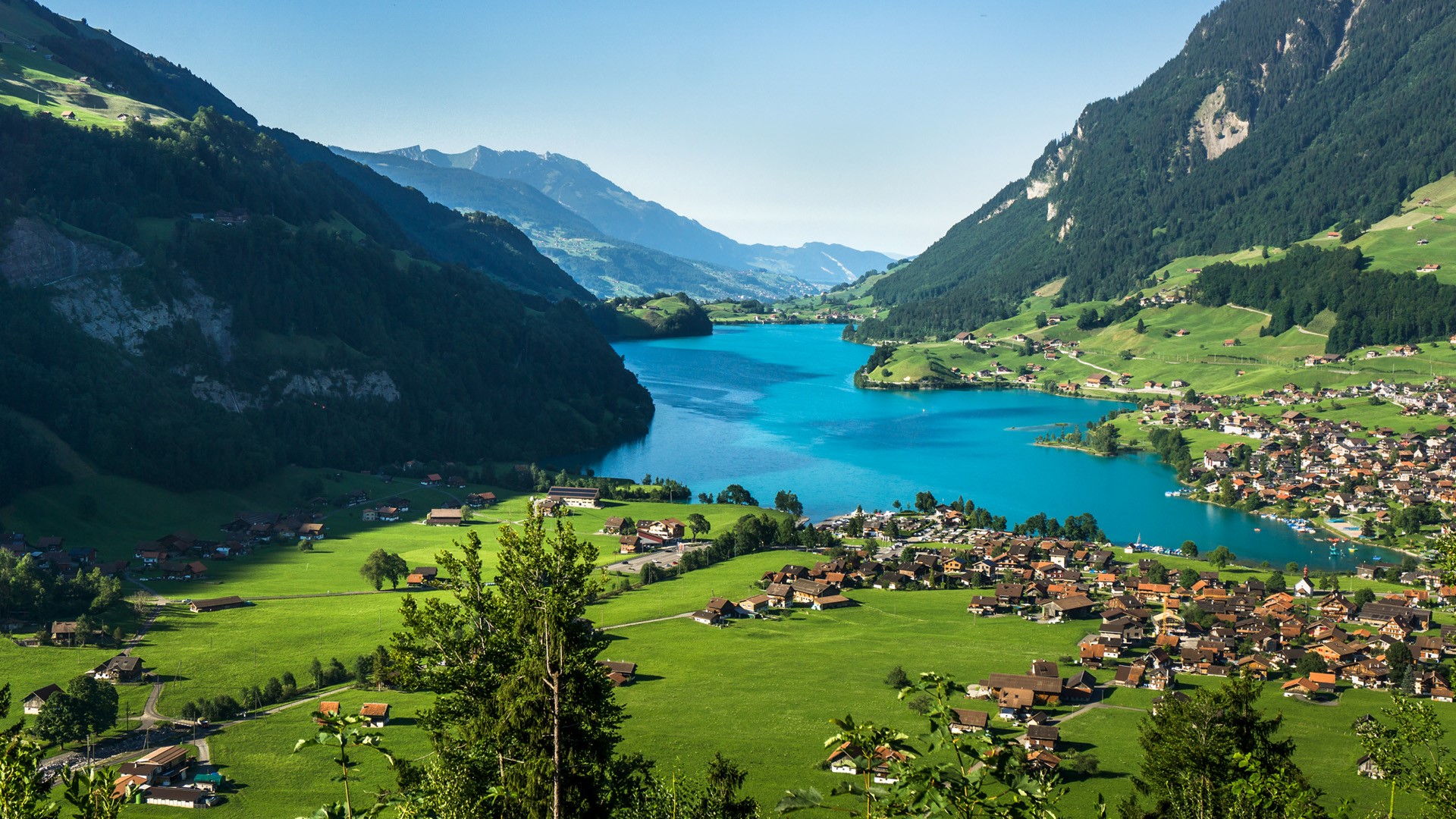 Nature Landscape Trees Valley Village Grass Mountains Water House Sky Switzerland 1920x1080