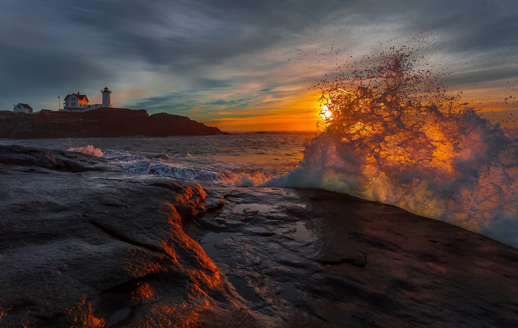 Earth Lighthouse Ocean Rock Sea Splash Sunset Wave 2048x1297