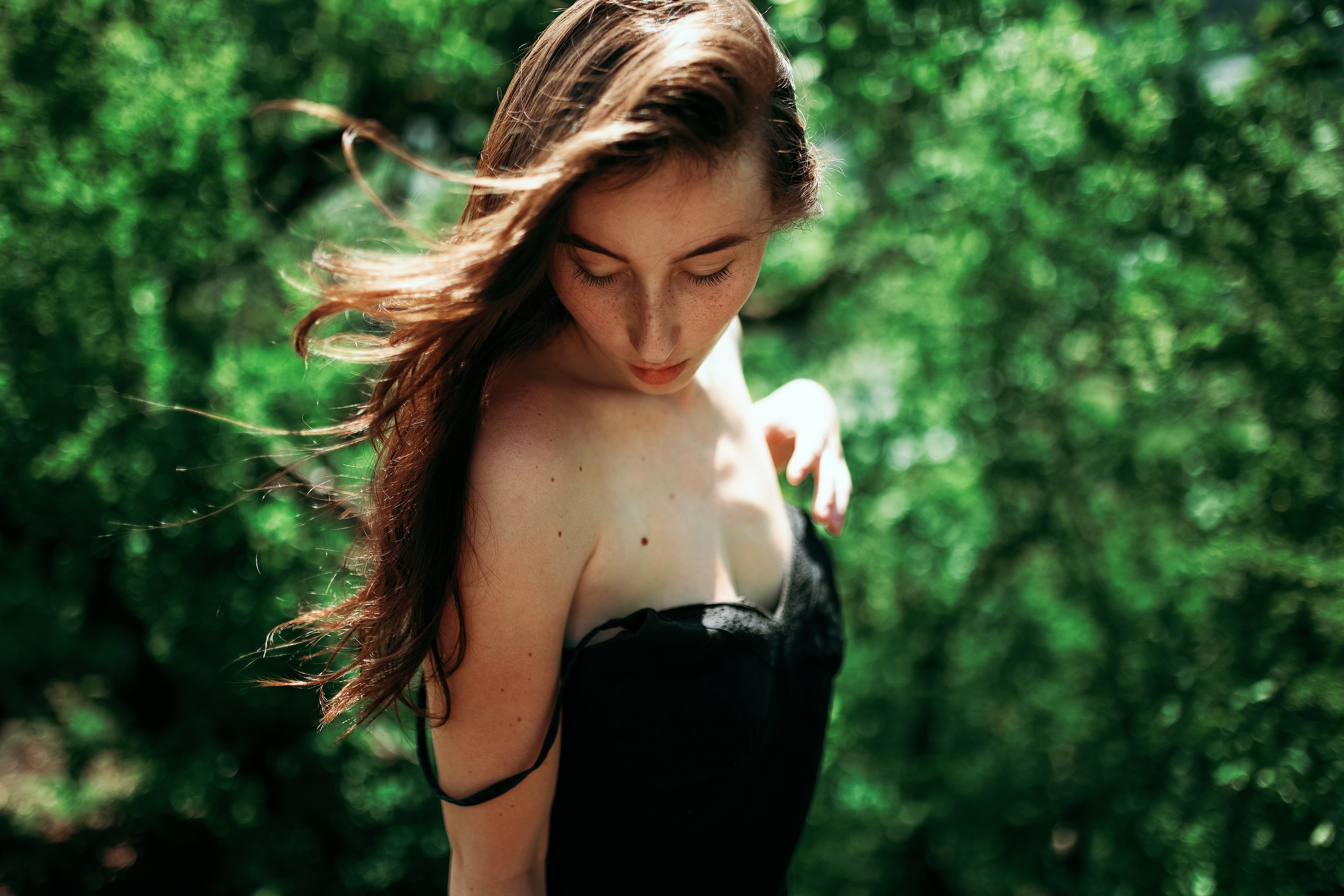 Women Model Brunette Long Hair Portrait Bare Shoulders Dress Black Dress Freckles Forest Outdoors Wo 2560x1707