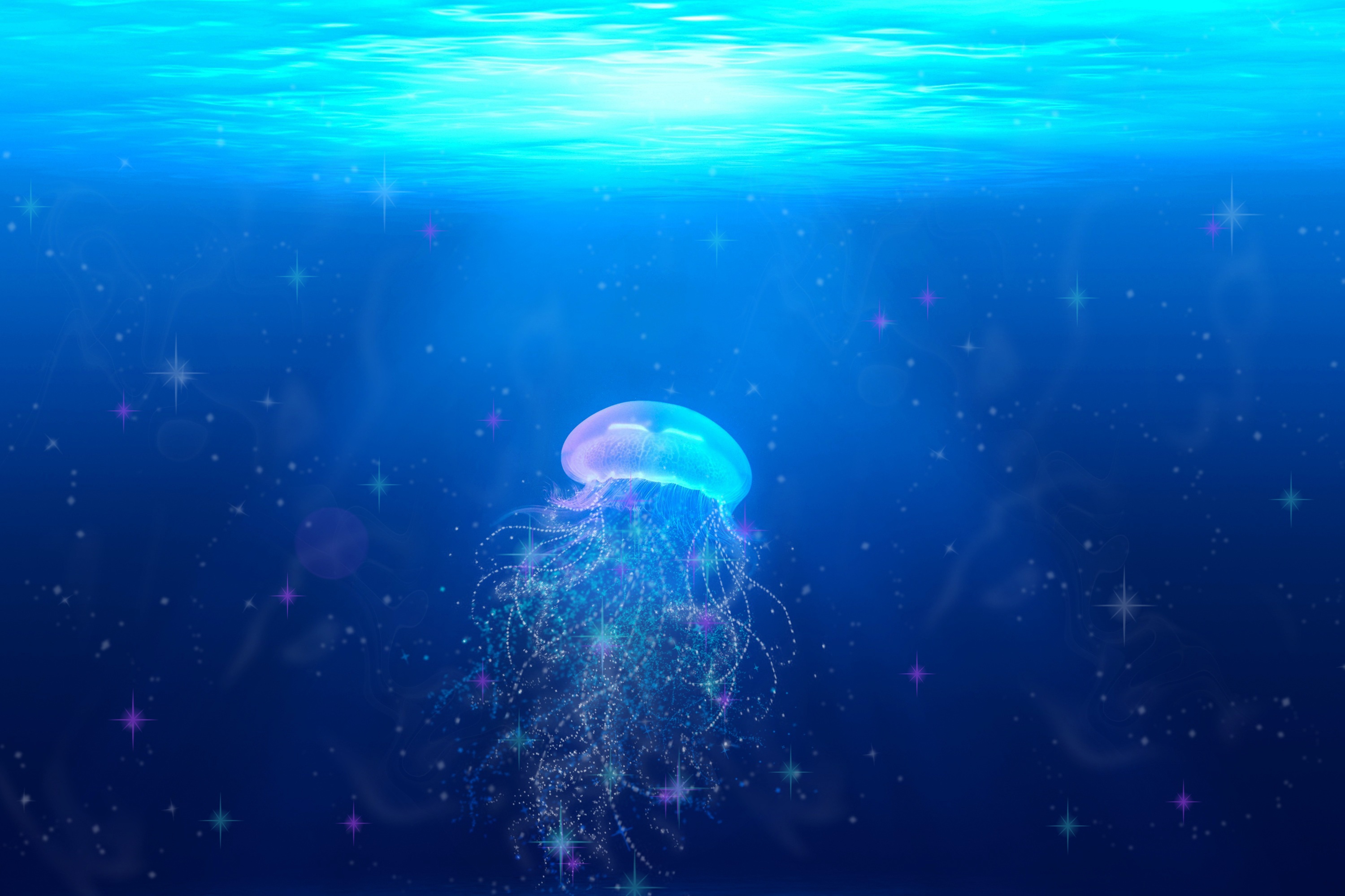 Artistic Blue Jellyfish Sea Life Underwater 3000x2000