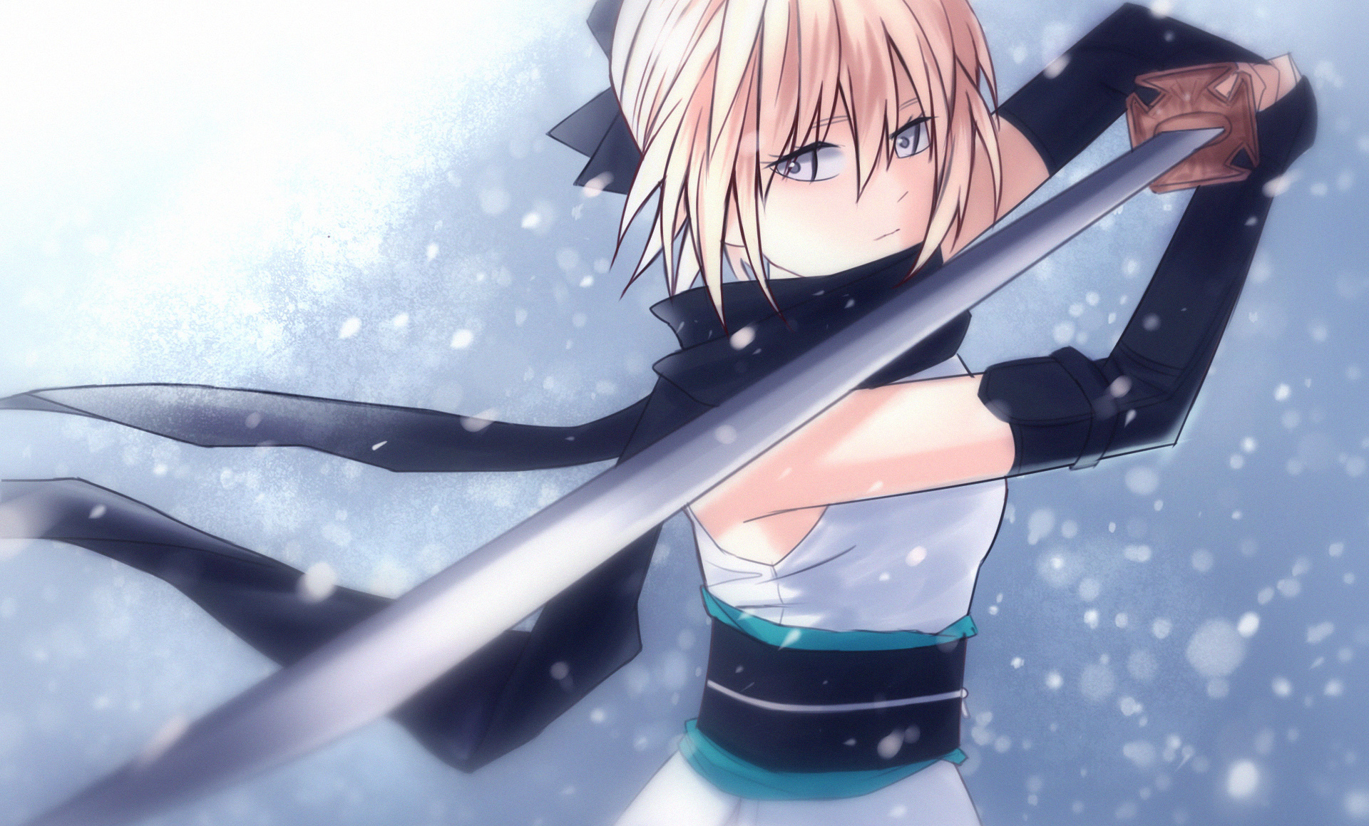 Fate Series Girl Glove Katana Okita Souji Saber Fate Series Sakura Saber Scarf Short Hair Weapon Whi 1920x1159