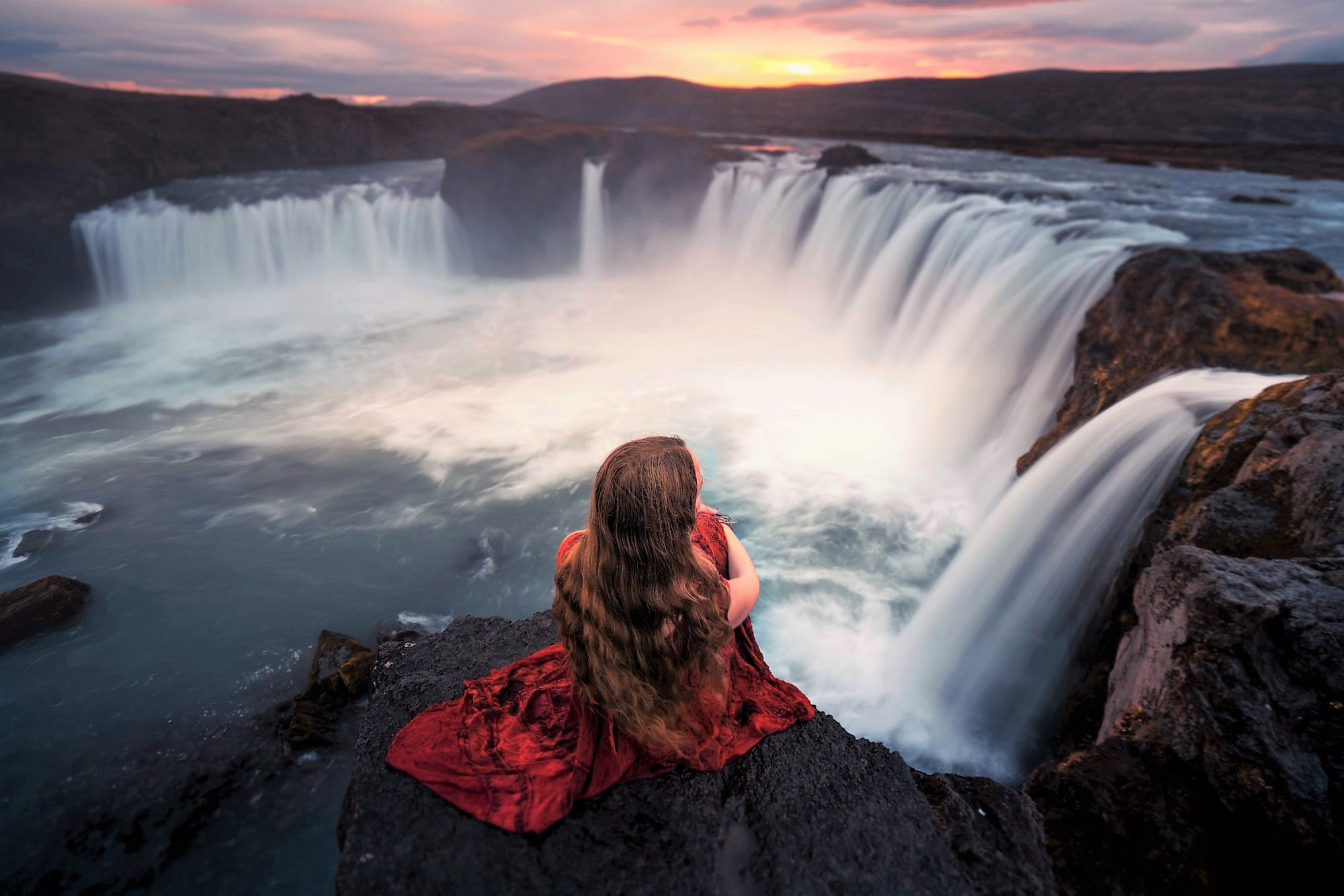 Girl Godafoss Red Dress Rock Sitting Waterfall Woman 2000x1334