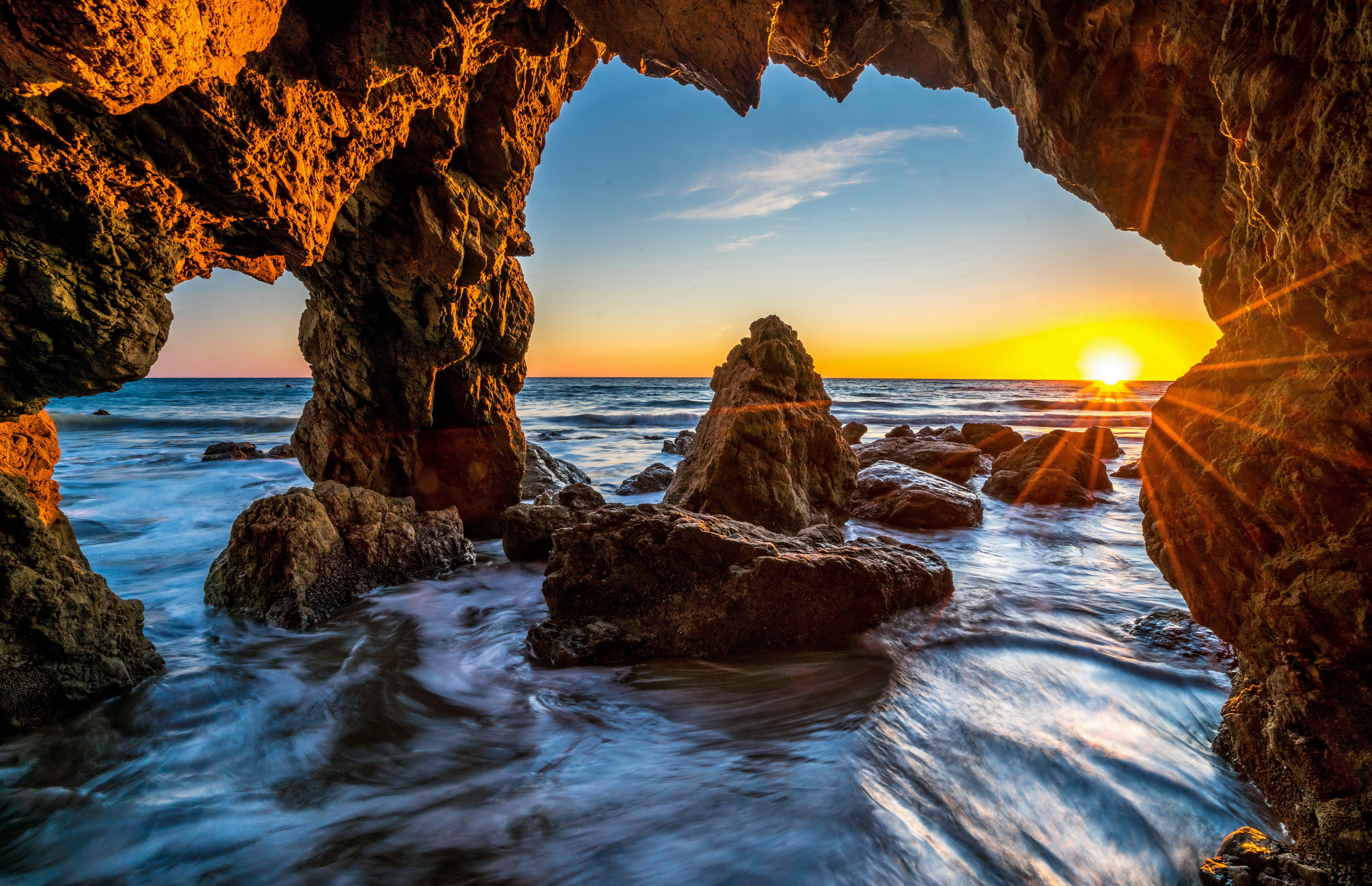 Cave Horizon Nature Ocean Rock Sunrise 7535x4865
