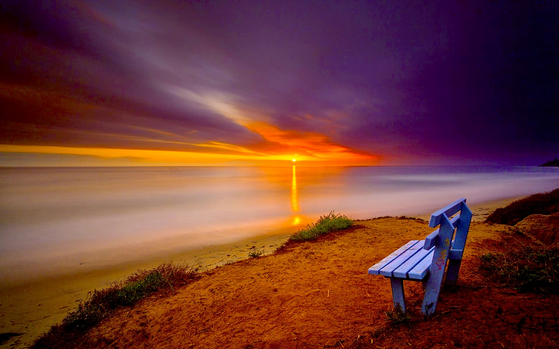 Bench Coast Coastline Horizon Ocean Sunset 1920x1200