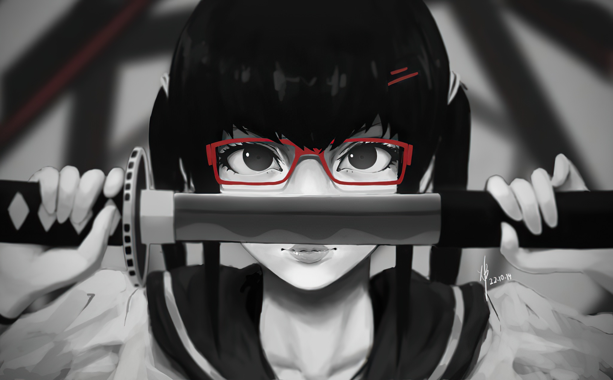 Anime Anime Girls Selective Coloring Katana Girls With Swords 2D Original Characters Women With Glas 2048x1268