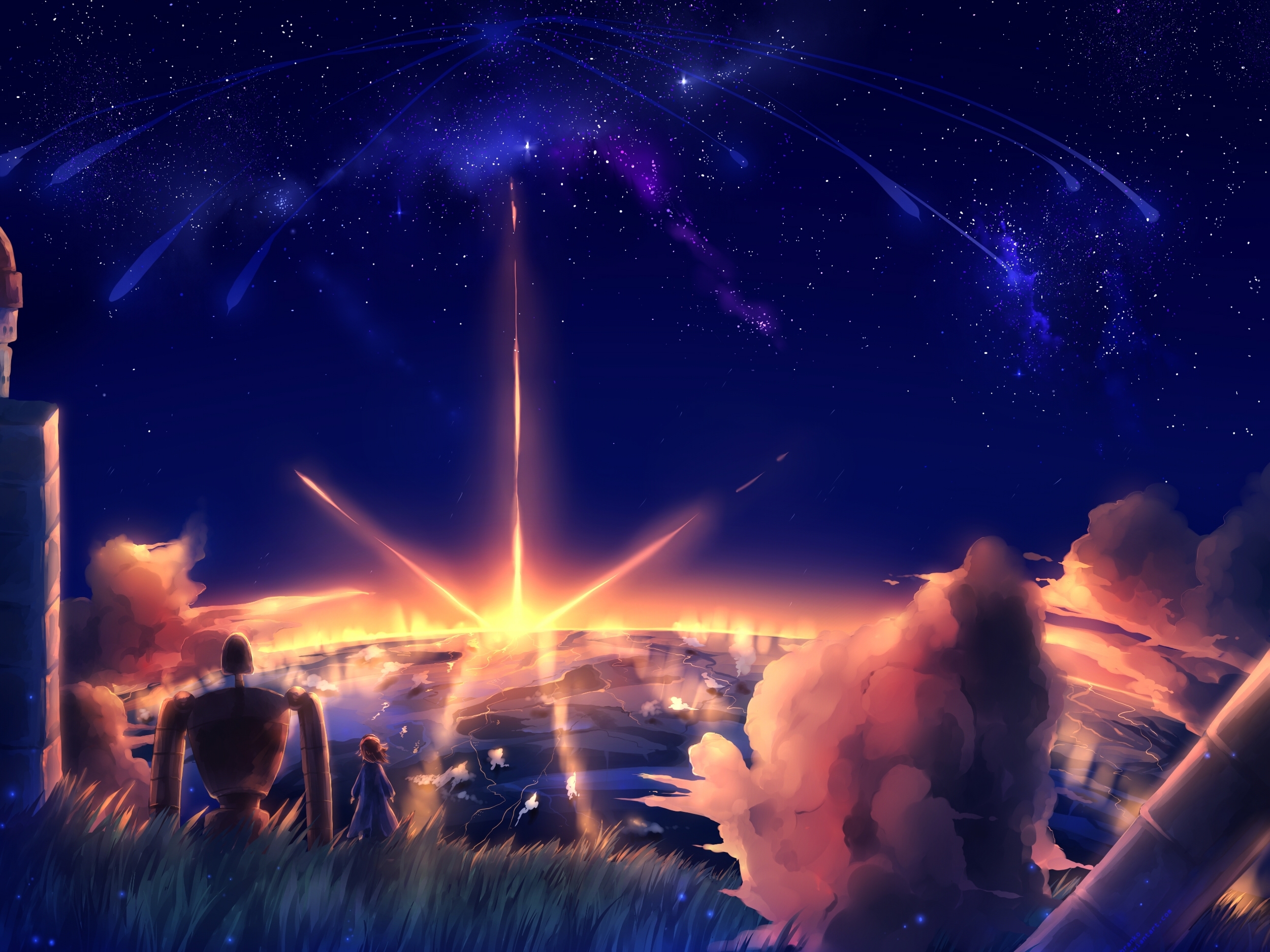 Anime Girl Robot Sky Stars Sunset 2500x1875