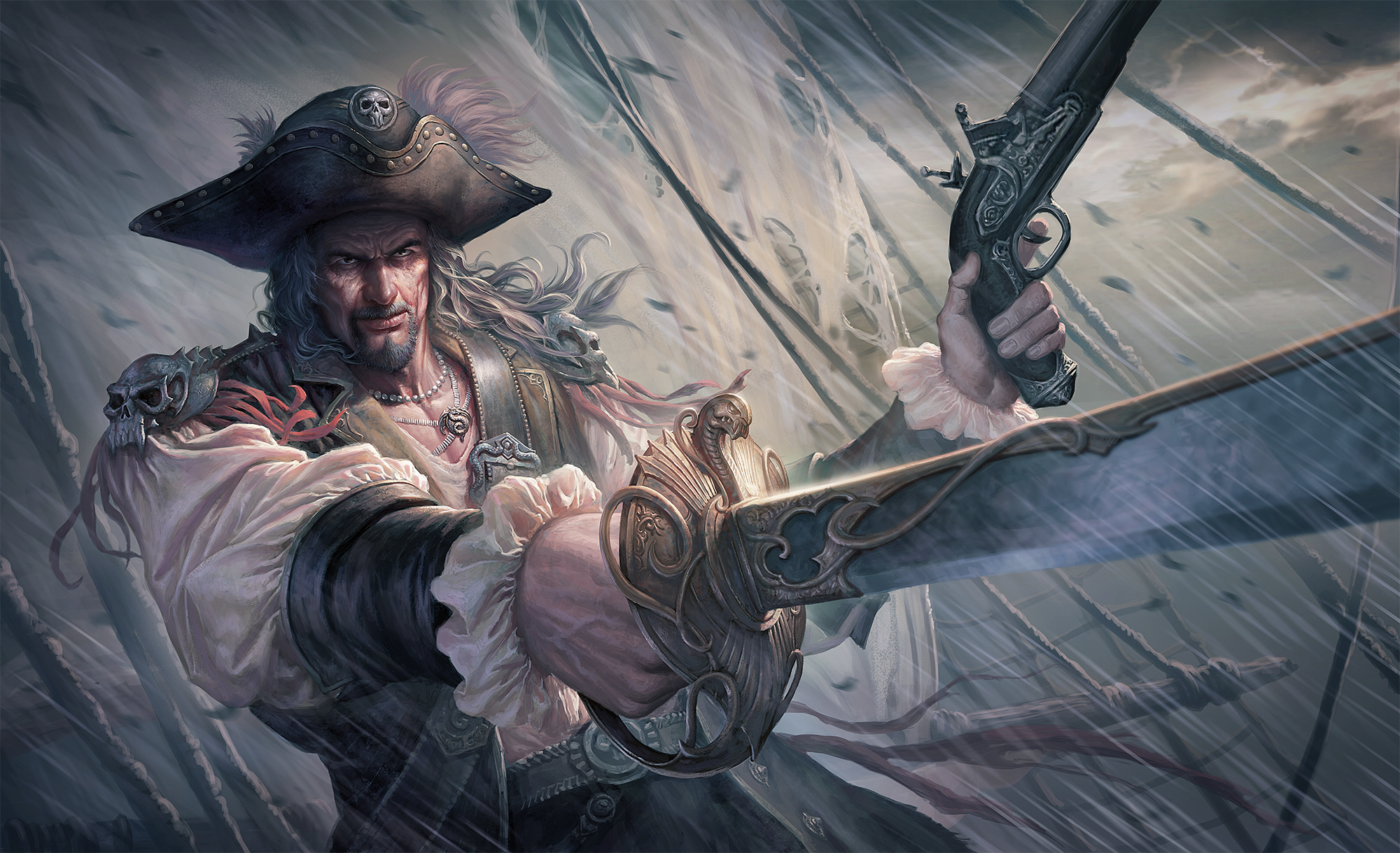 Gun Hat Man Pirate Rain Sword Warrior 2000x1219