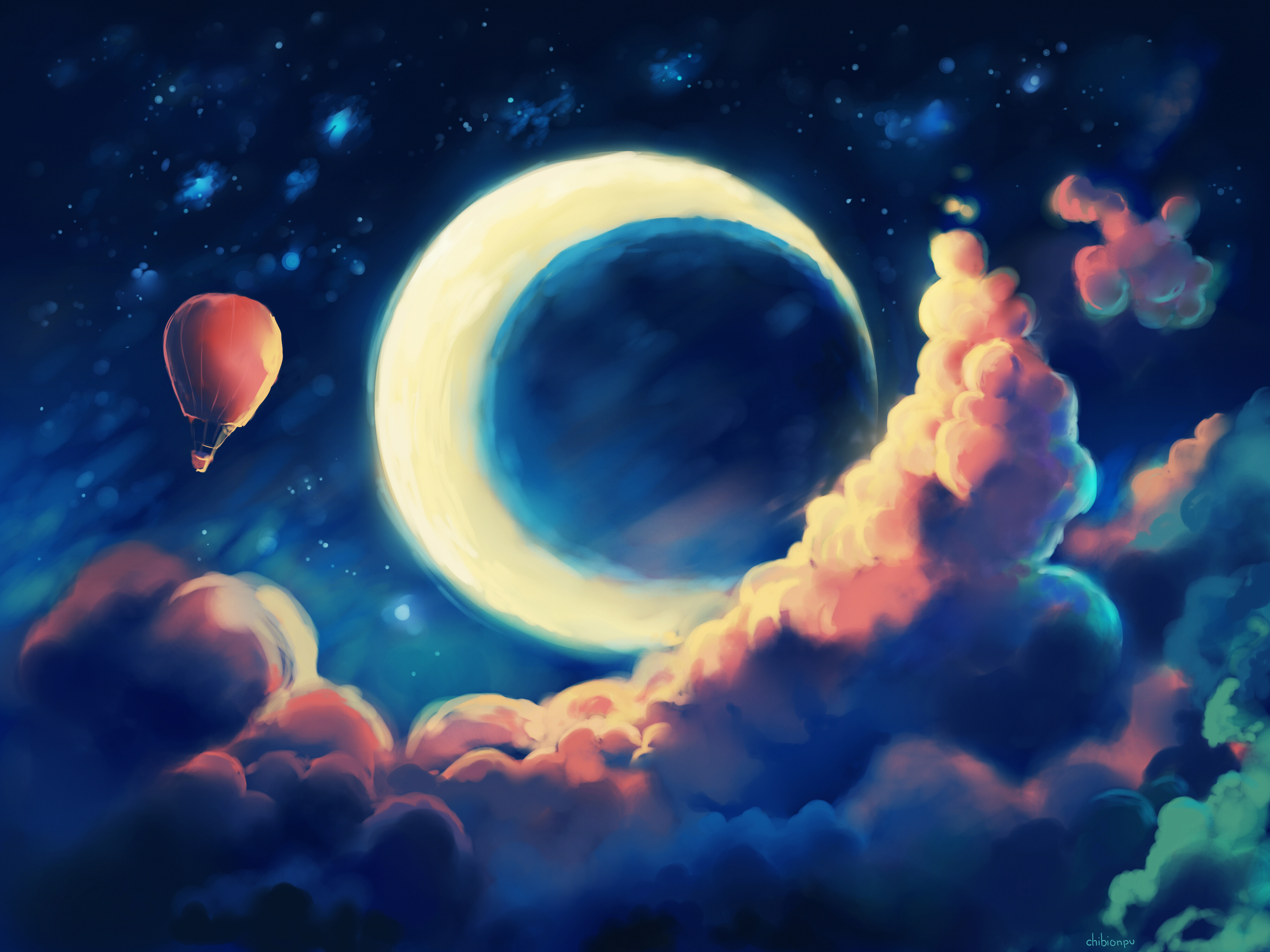 Balloon Drawing Moon Night 3000x2250