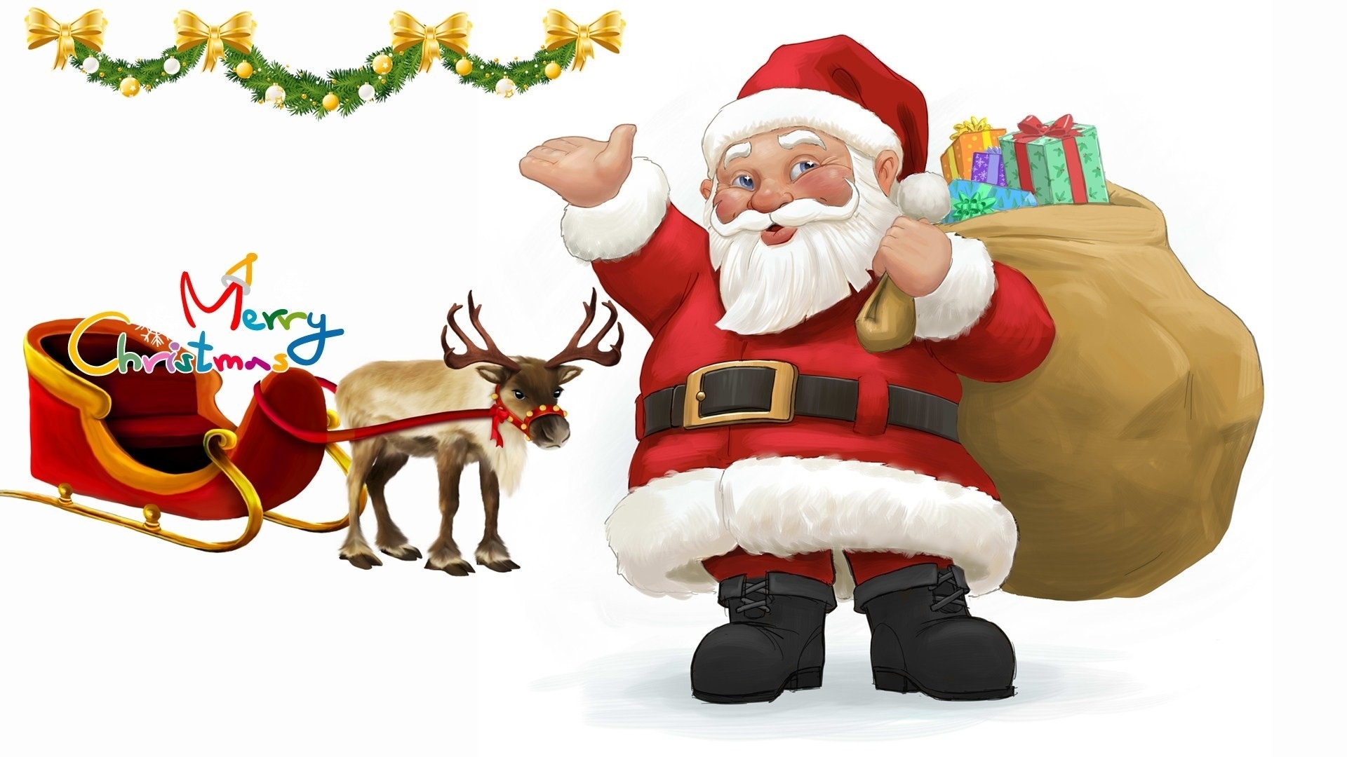 Christmas Gift Merry Christmas Reindeer Santa Claus White 1920x1080