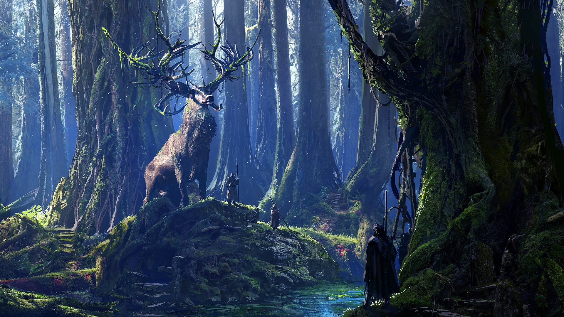 Druid Forest Moss River Stag 1920x1080