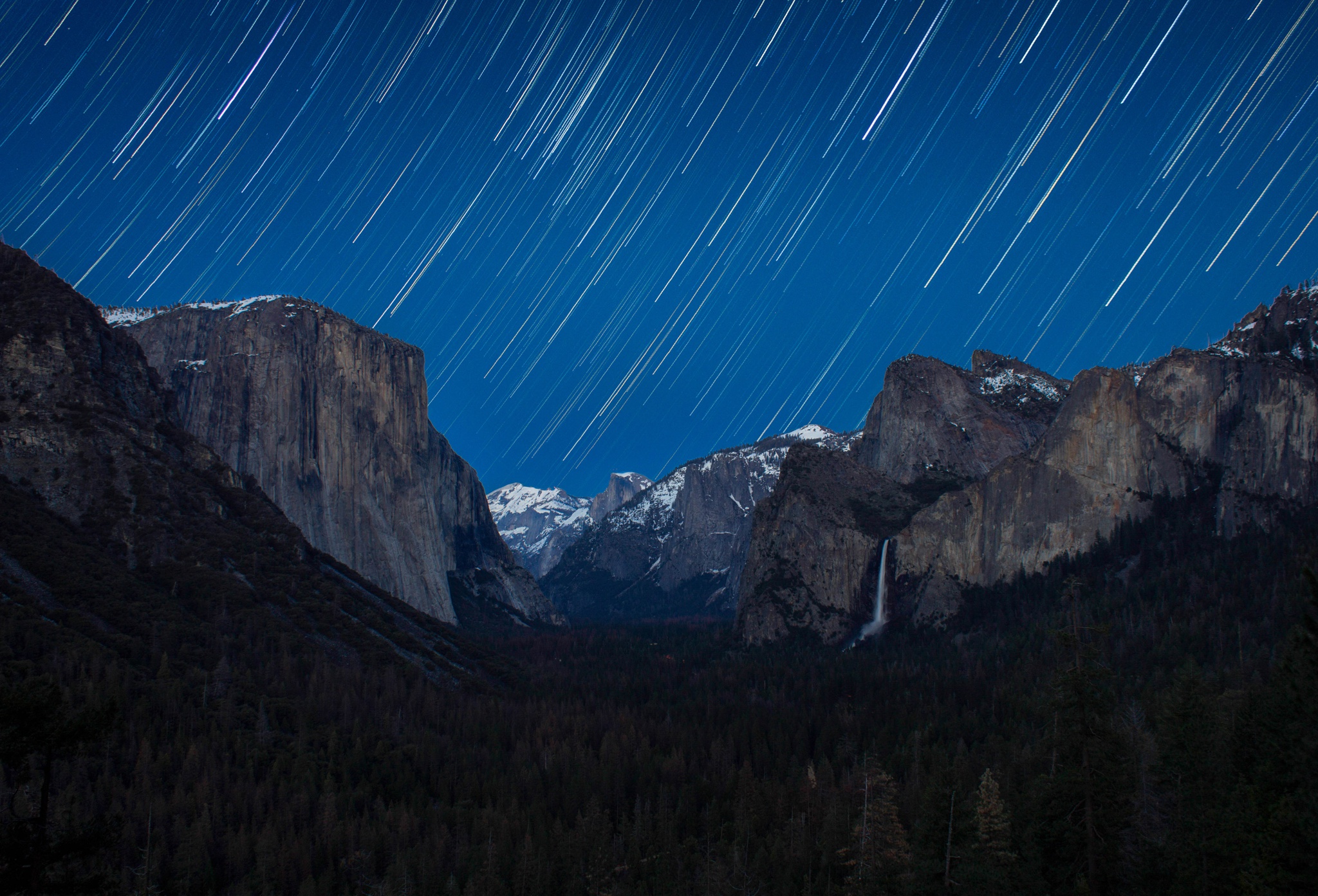 Cliff Forest Mountain Night Sky Star Trail Stars Yosemite National Park 2048x1393