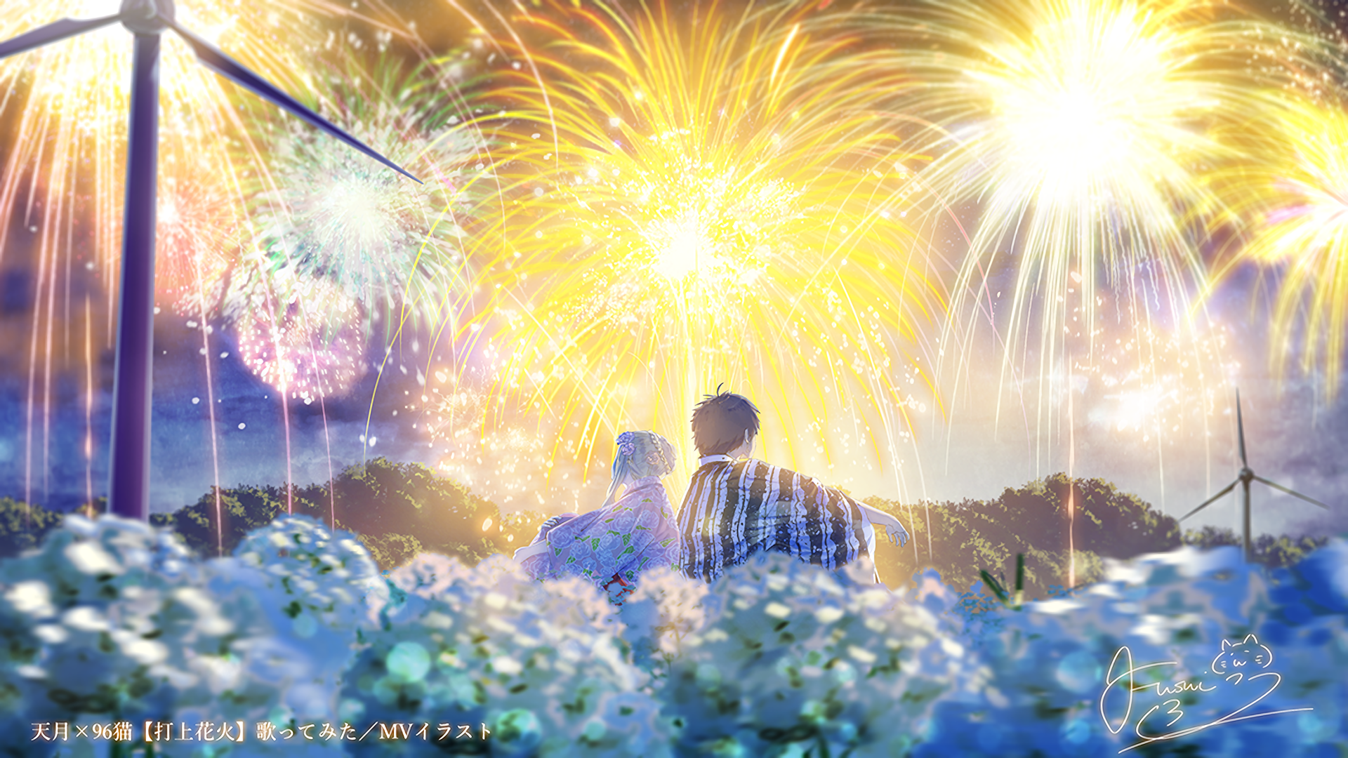 Fireworks Flower Night Wind Turbine Yukata 1920x1080
