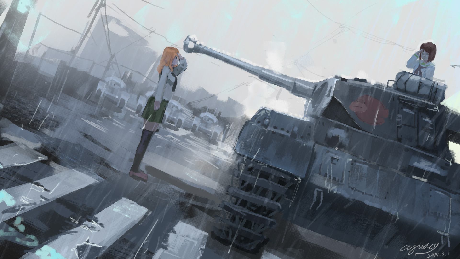 Anime Blonde Brown Hair Girl Girls Und Panzer Rain Road Ruka Oshida Tank Yukari Akiyama 1920x1080