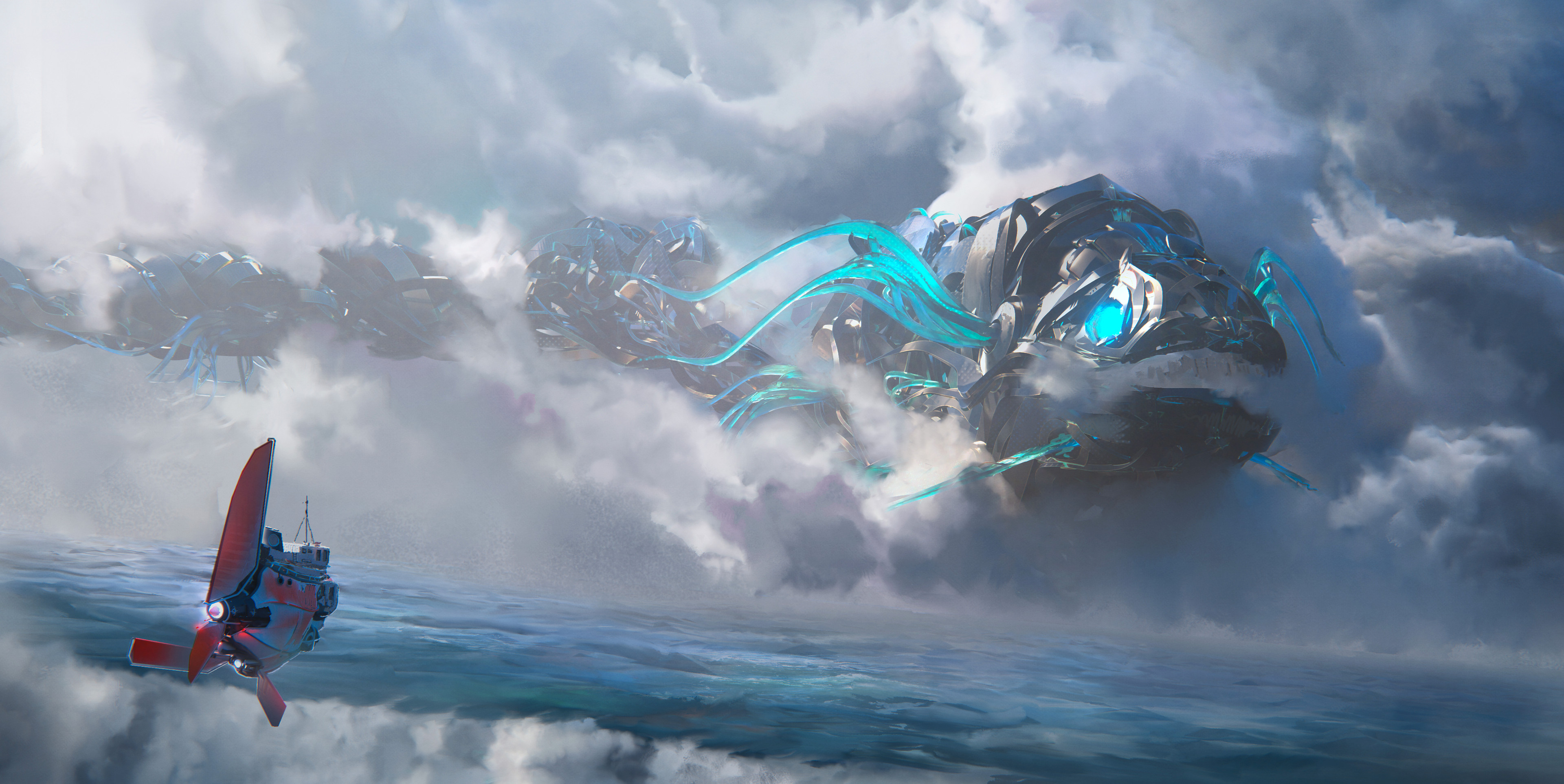 Leon Tukker Digital Art Science Fiction Sea Clouds Ship Fish 3840x1925