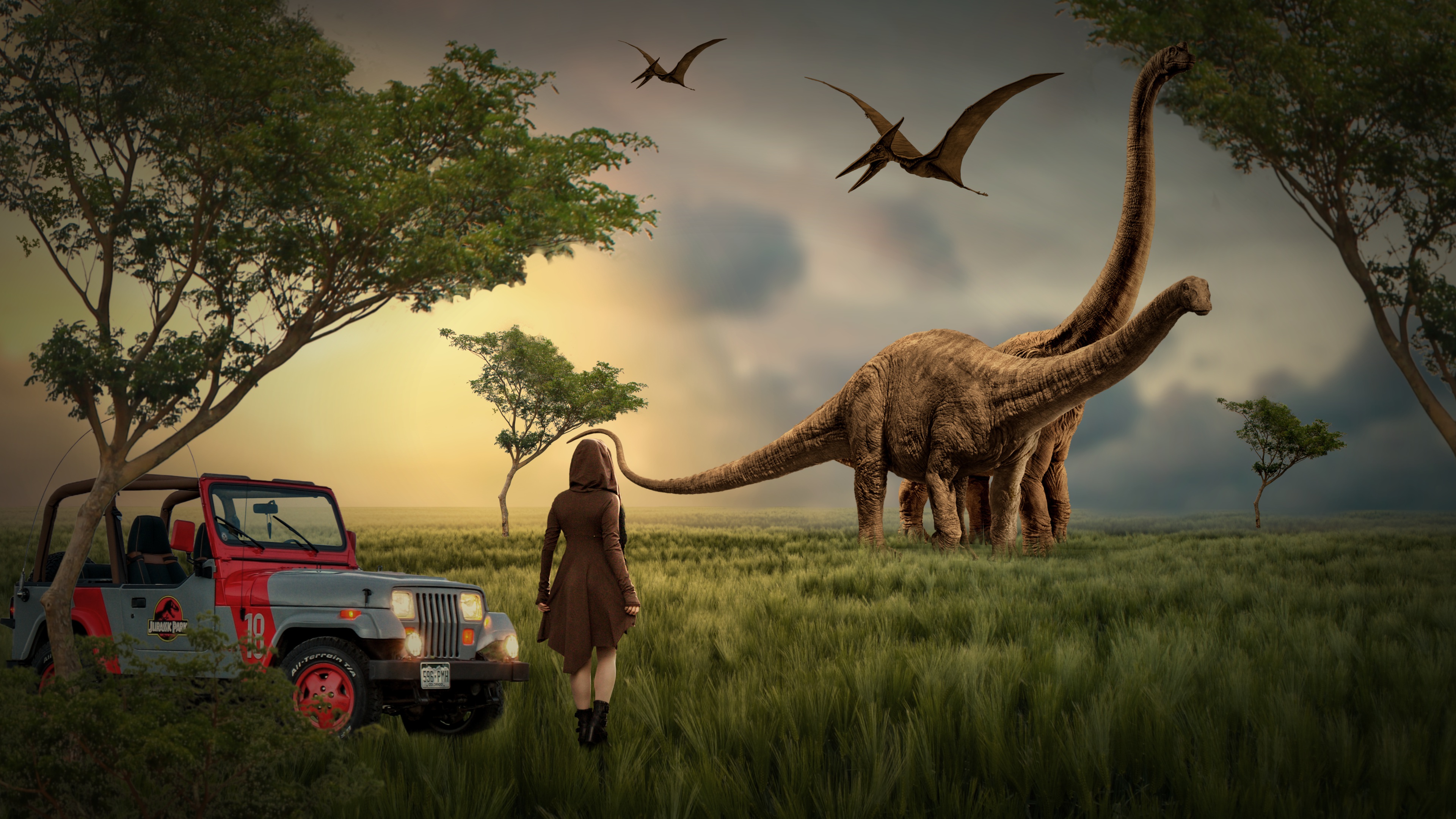 Car Dinosaur Dream Woman 3840x2160