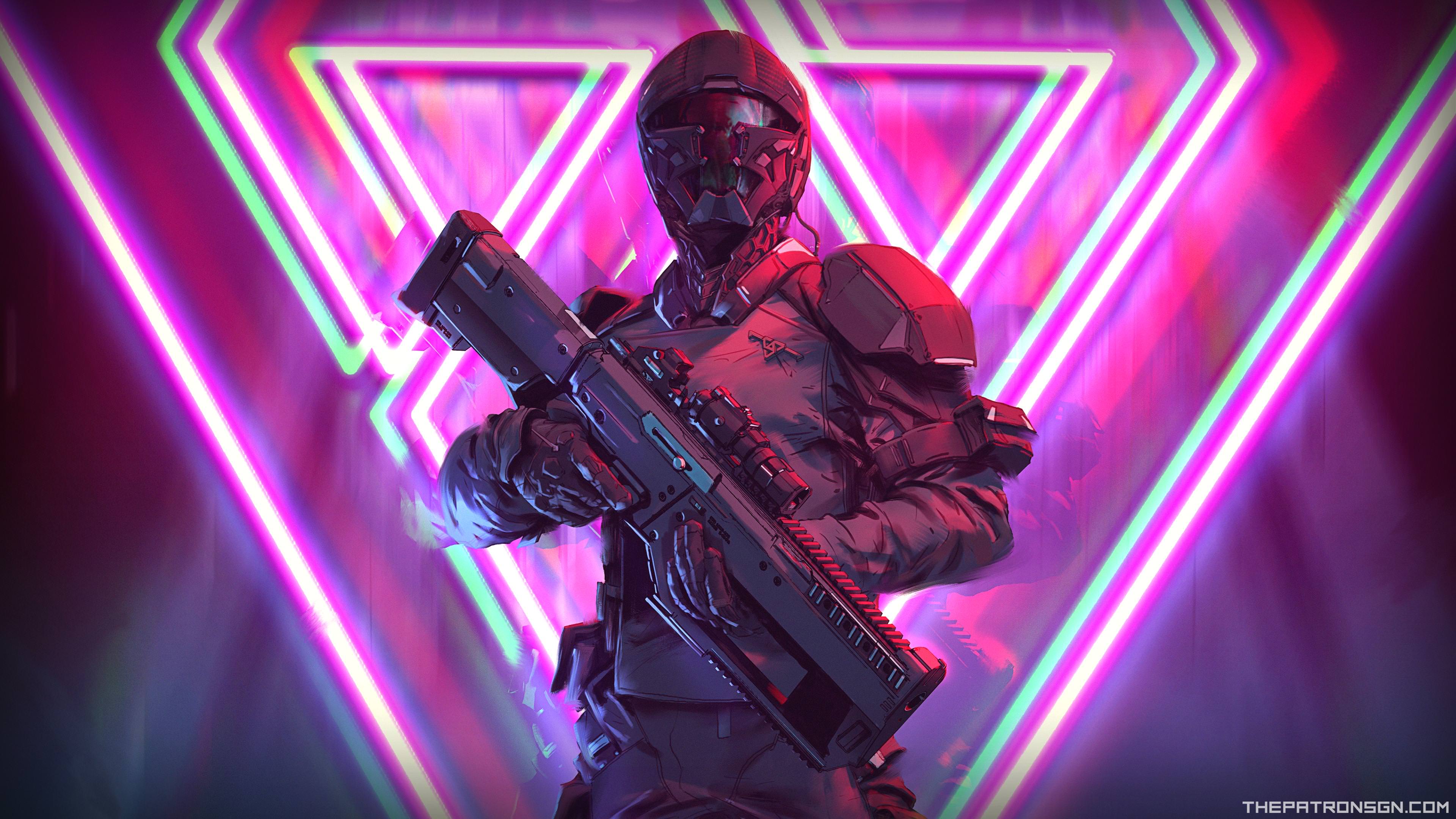 Assault Rifle Cyberpunk Futuristic Neon Soldier Warrior Weapon 3840x2160