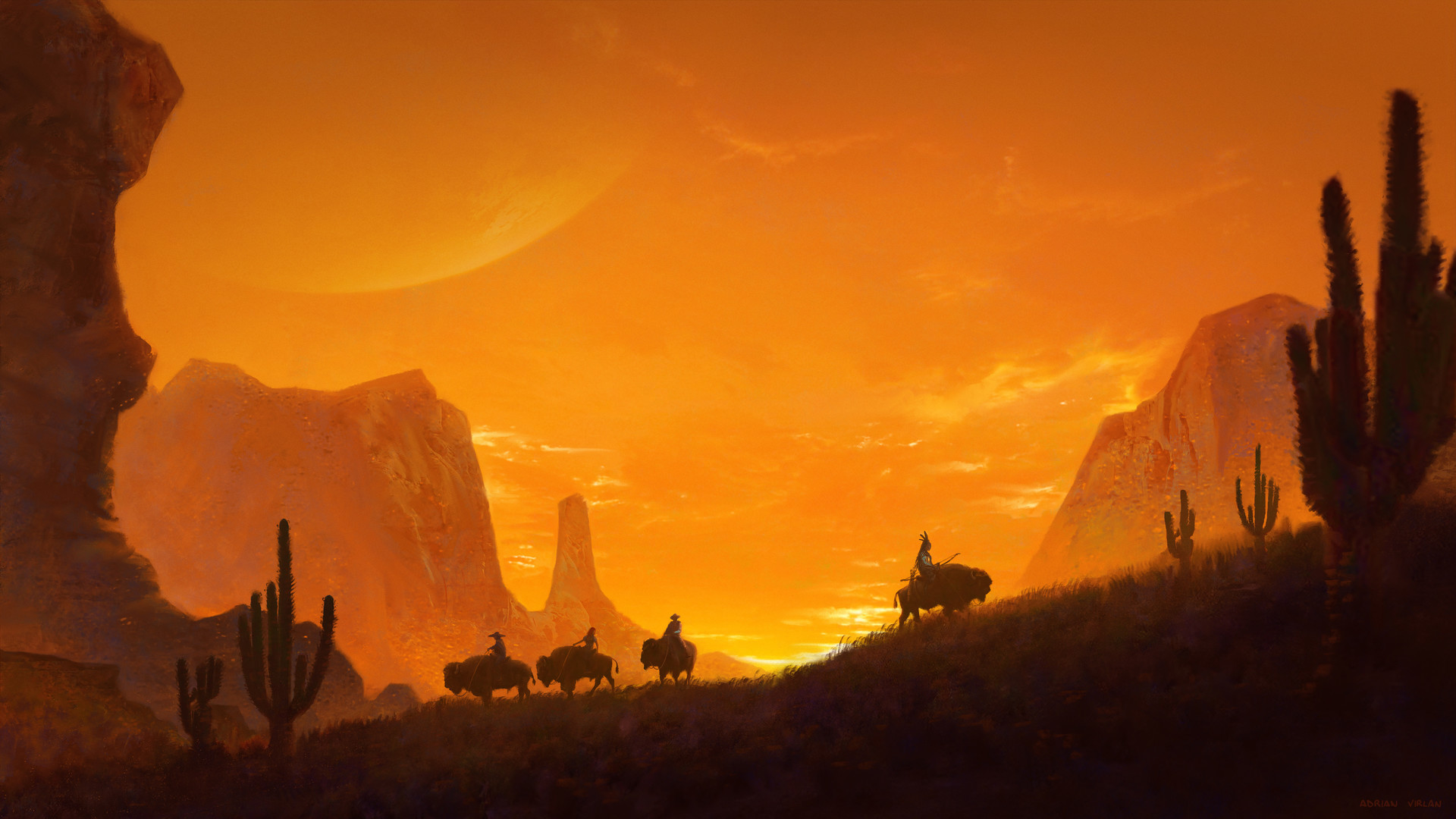 American Bison Canyon Native American Sunset Western 1920x1080