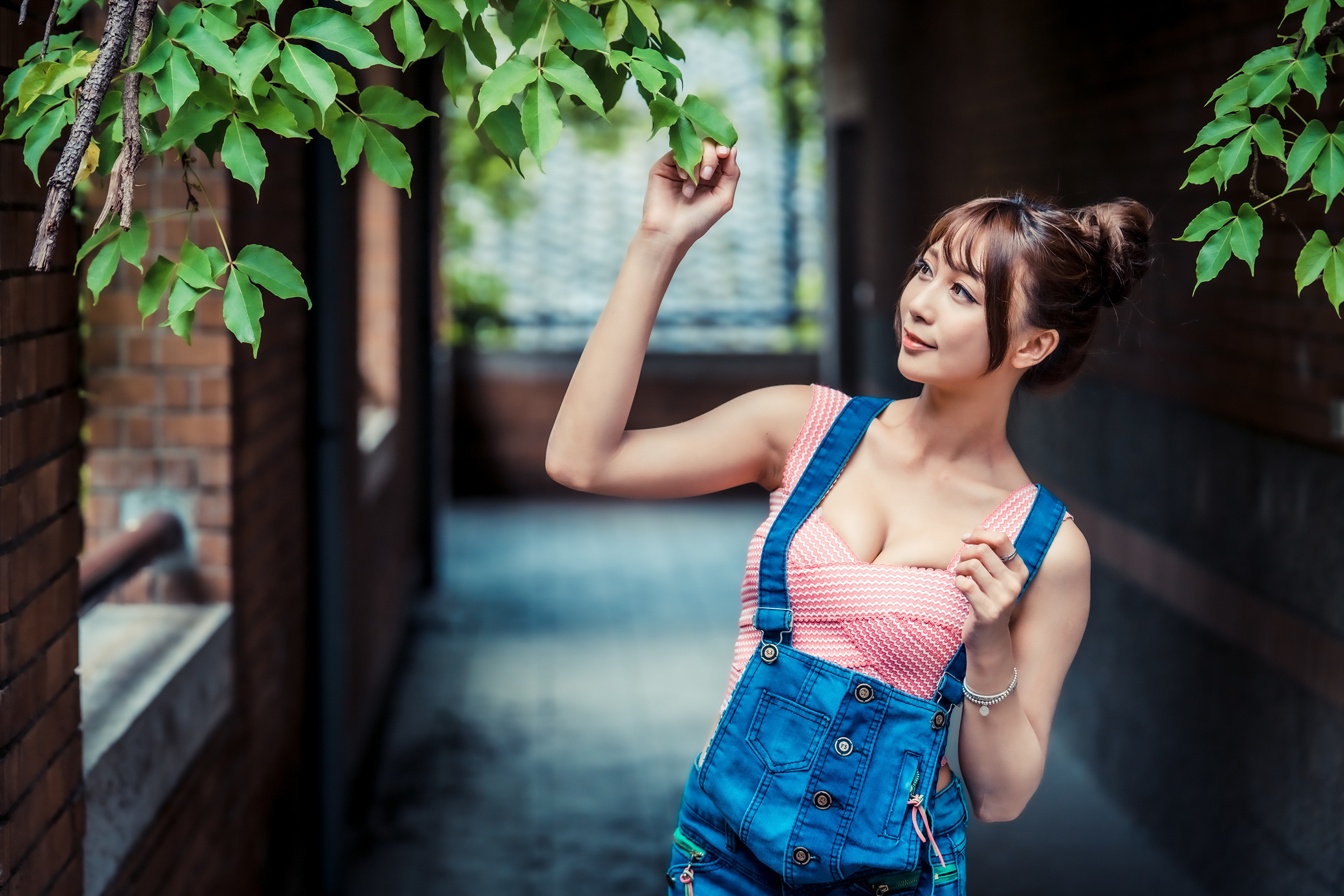 Asian Model Women Depth Of Field Long Hair Brunette Pants Suit Jeans Short Tops Leaves Bricks 3840x2561