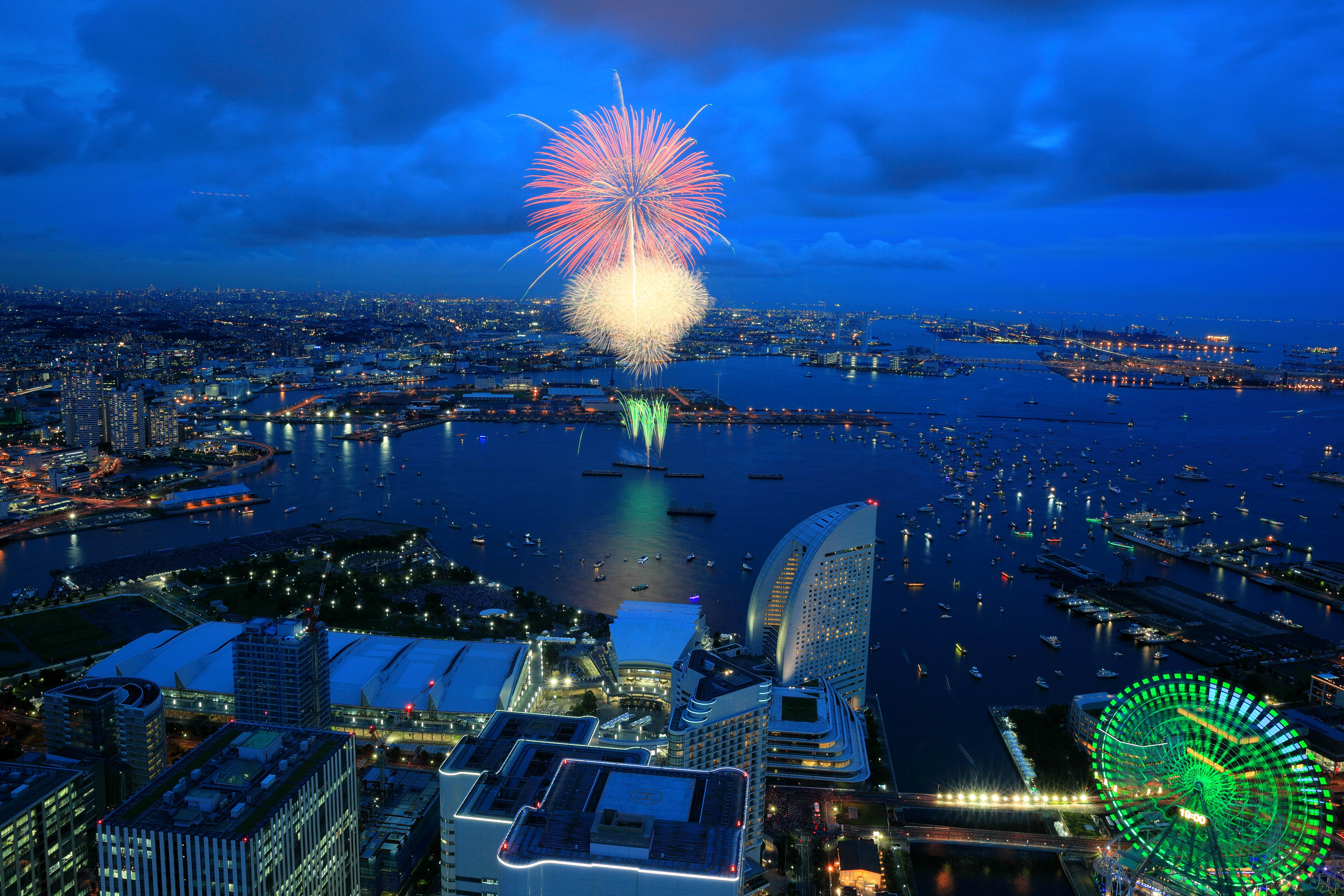 City Cityscape Ferris Wheel Fireworks Horizon Japan Light Night Yokohama 5425x3617