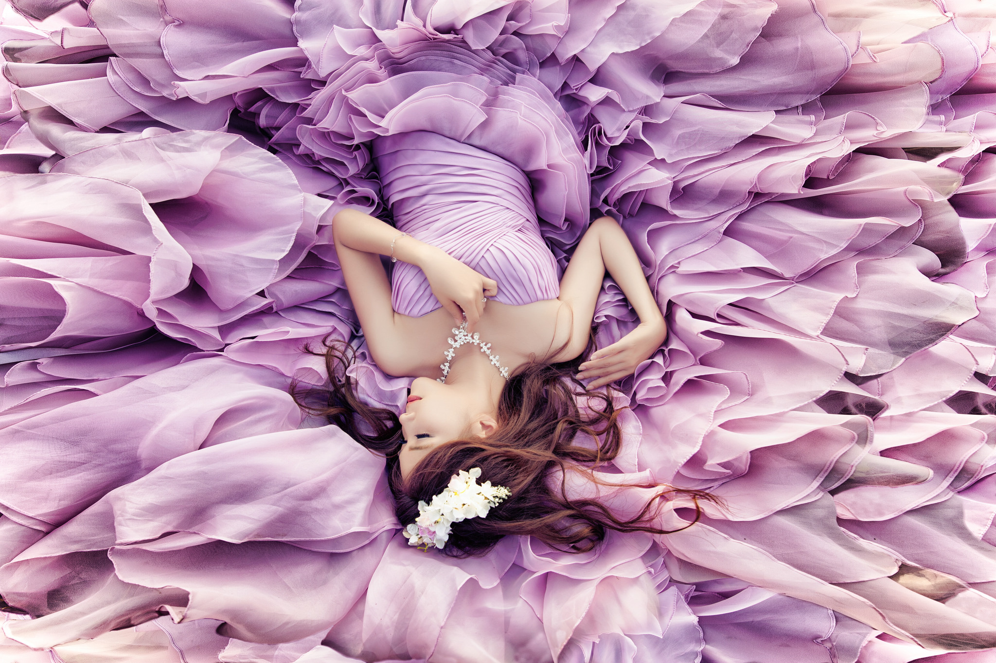 Brunette Dress Girl Gown Lying Down Mood Necklace Purple Purple Dress Woman 2048x1365