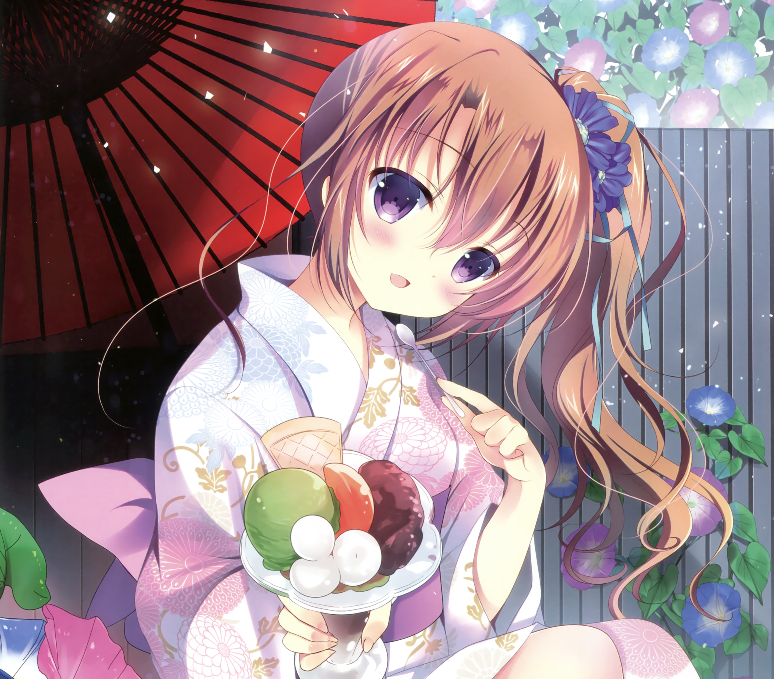 Blush Brown Hair Flower Ice Cream Kimono Parasol Purple Eyes Smile Spoon 2488x2184