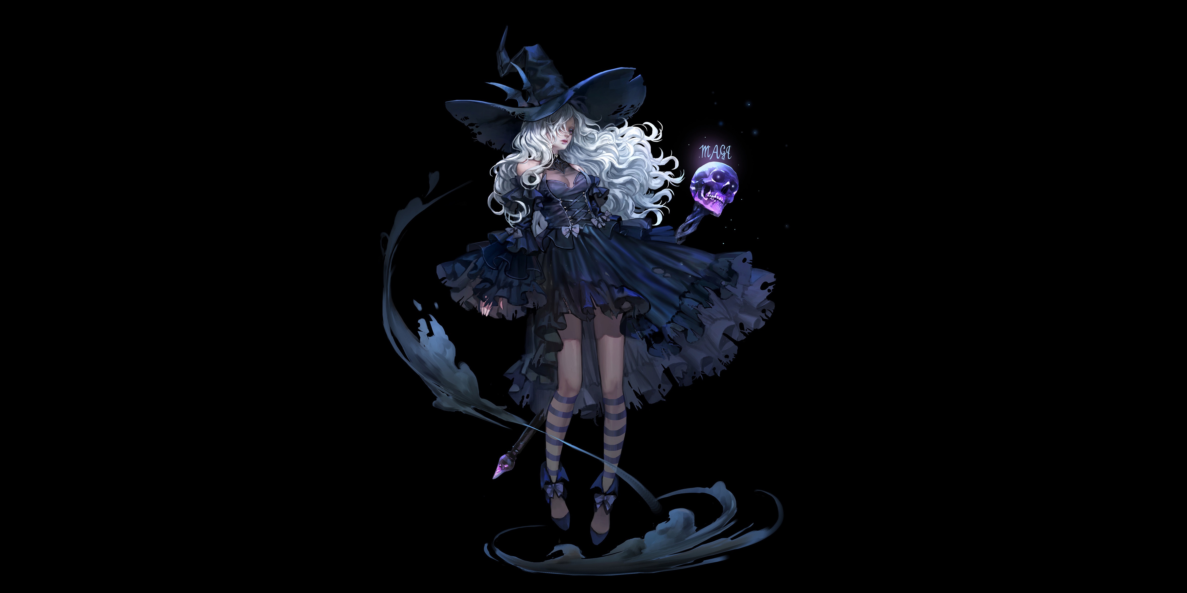 Dress Long Hair Skull White Hair Witch Witch Hat 4800x2400