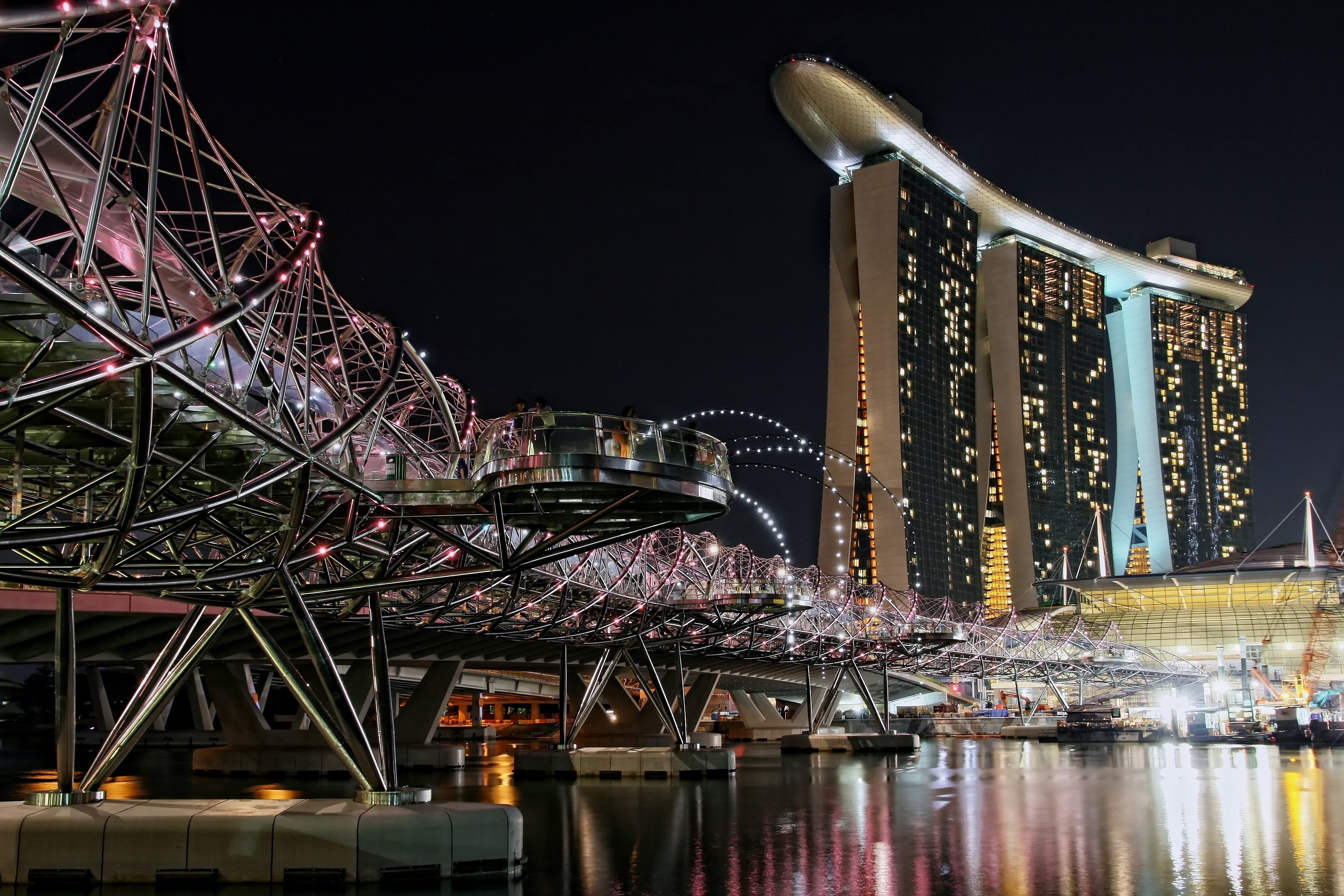 Architecture Bridge Building Helix Bridge Ligths Marina Nigths Reflection Singapore Water 3888x2592