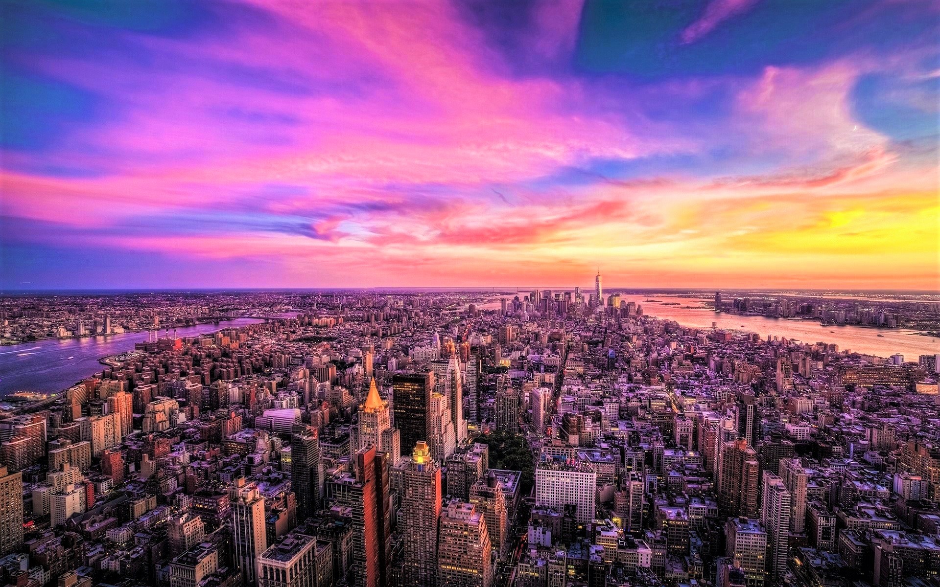 Aerial City Cityscape Horizon Manhattan New York Panorama Sky Sunset 1920x1200