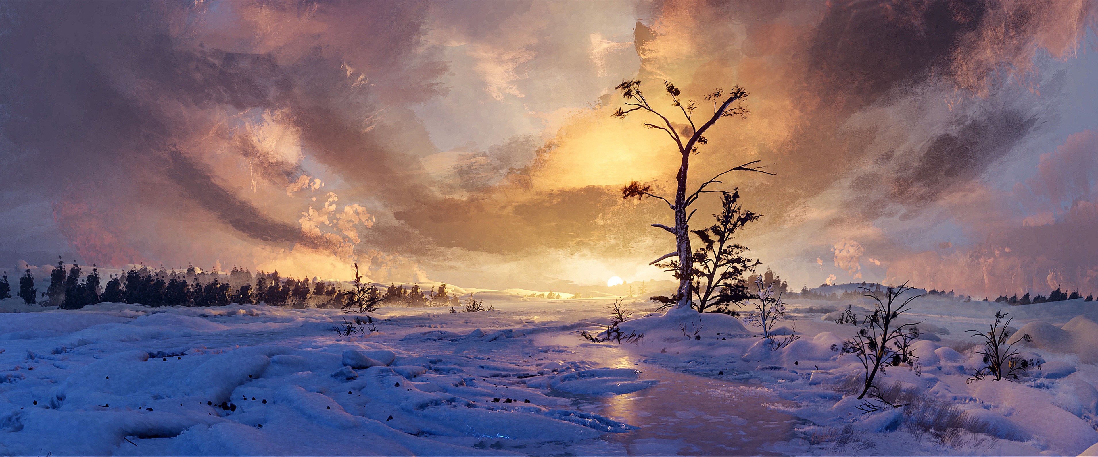 Landscape Winter Snow Trees Frozen River Snow Covered Sunset Sun Sky Nature Artwork Fantastic Realis 3820x1592