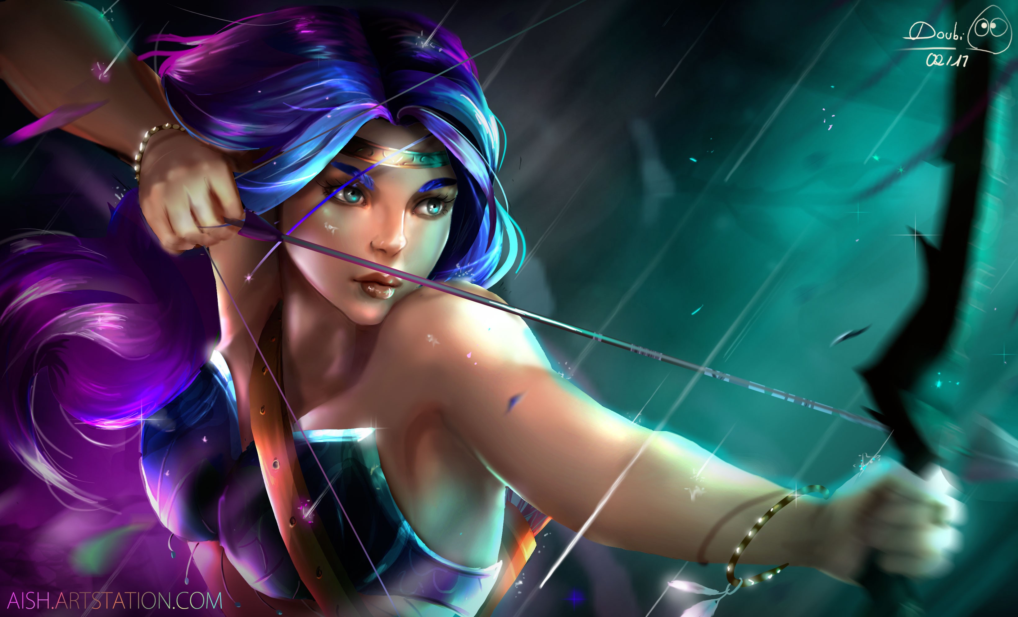 Aqua Eyes Archer Blue Hair Girl Rain Woman 3279x1988