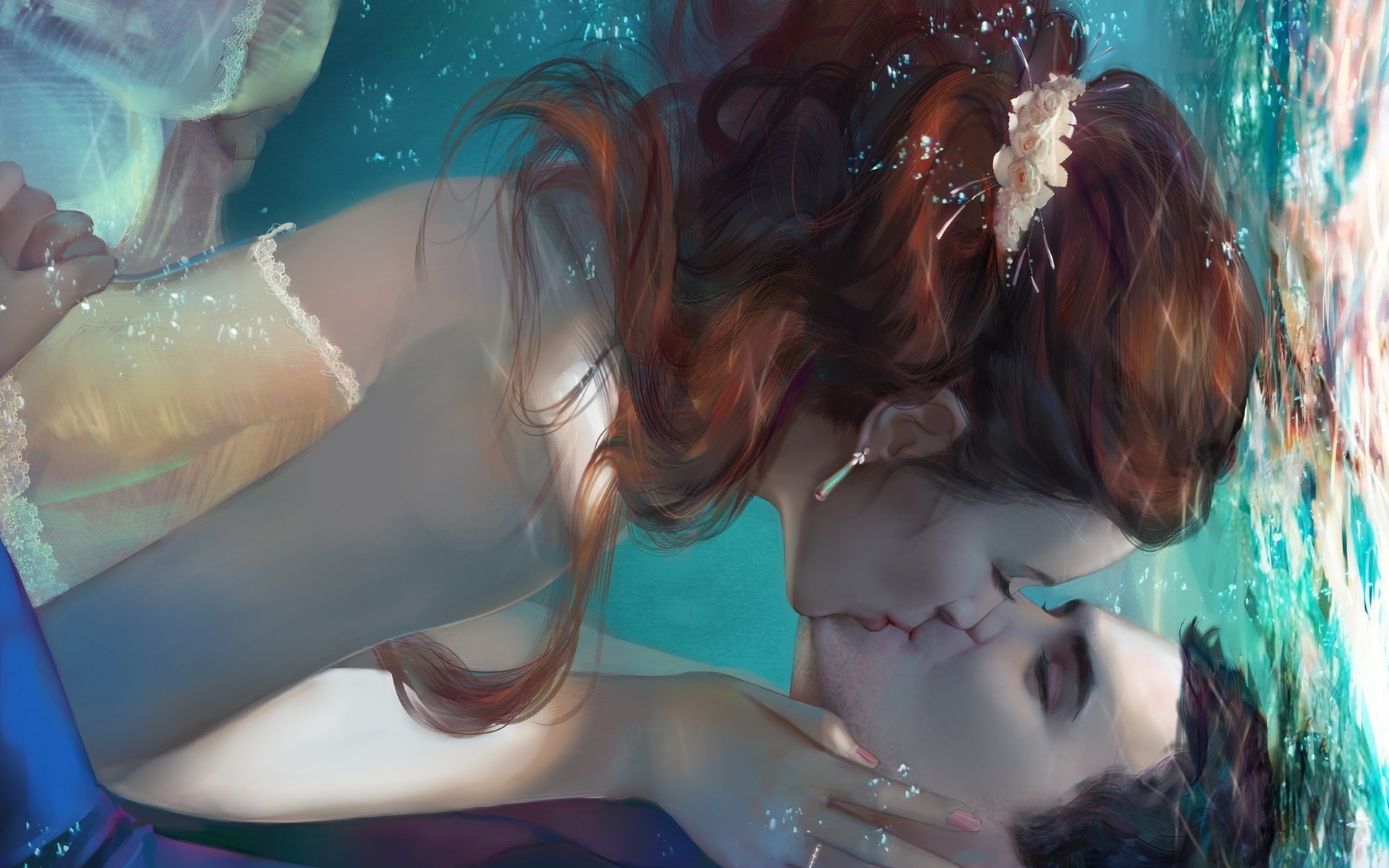 Brown Hair Couple Fantasy Kiss Love Man Underwater Woman 1920x1200