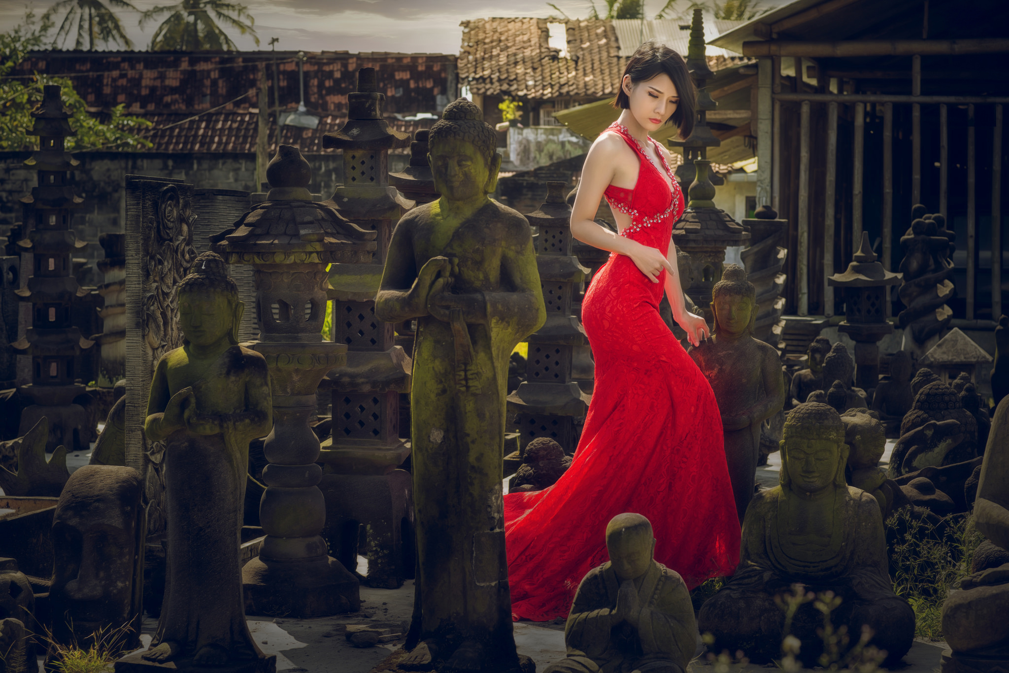 Asian Brunette Buddha Girl Model Red Dress Statue Woman 2048x1365