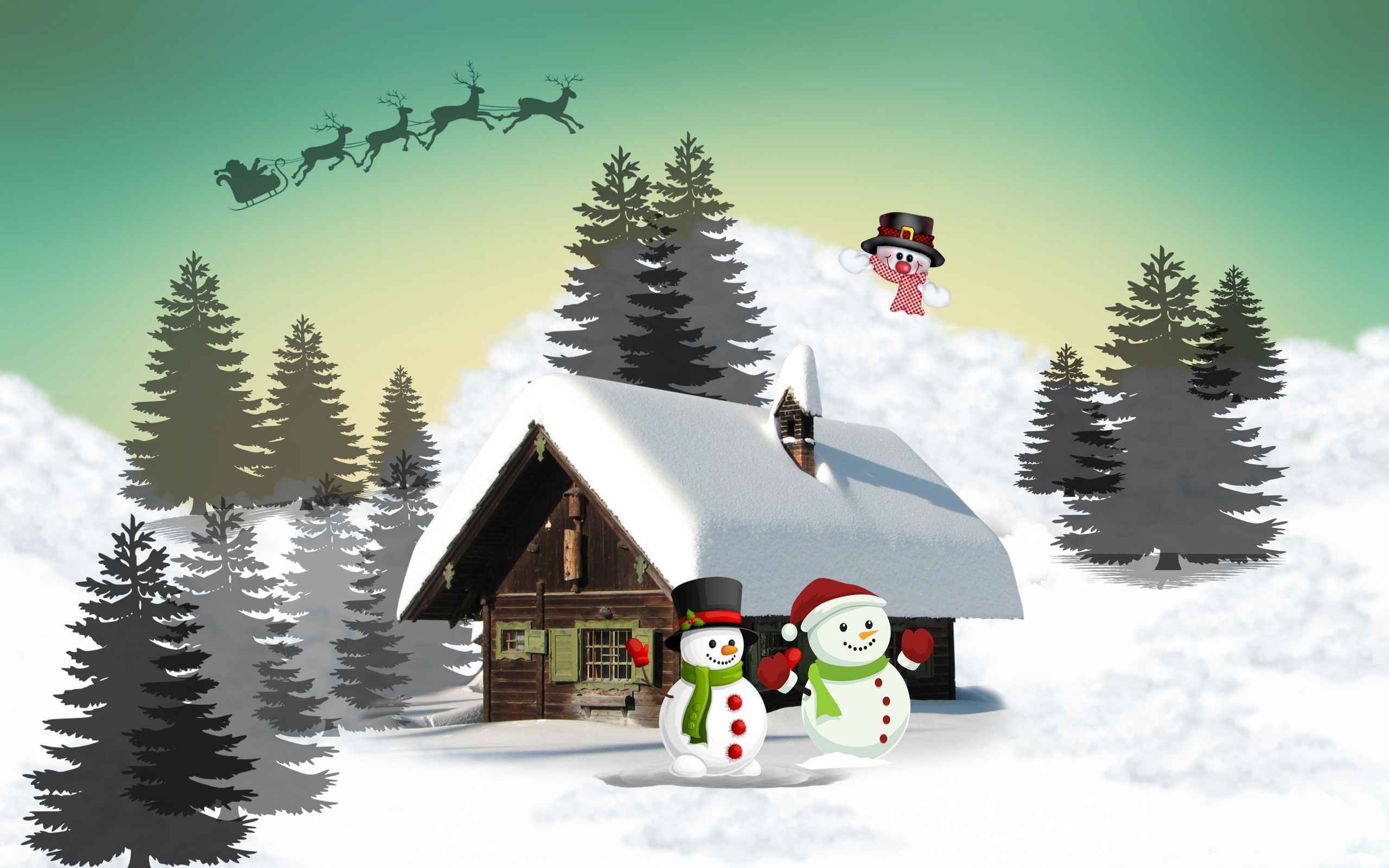Cabin Christmas Reindeer Santa Sled Snow Snowman Tree Winter 2560x1600