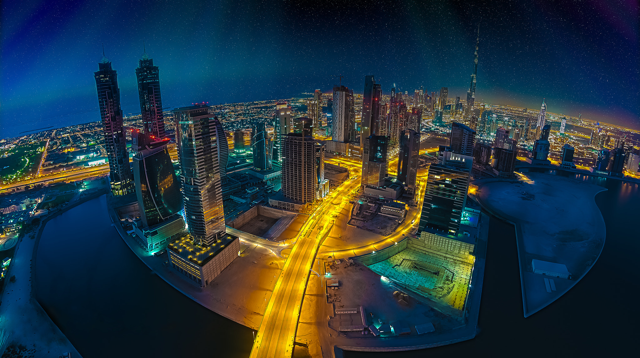 Aerial City Cityscape Dubai Fisheye Light Night United Arab Emirates 2048x1144