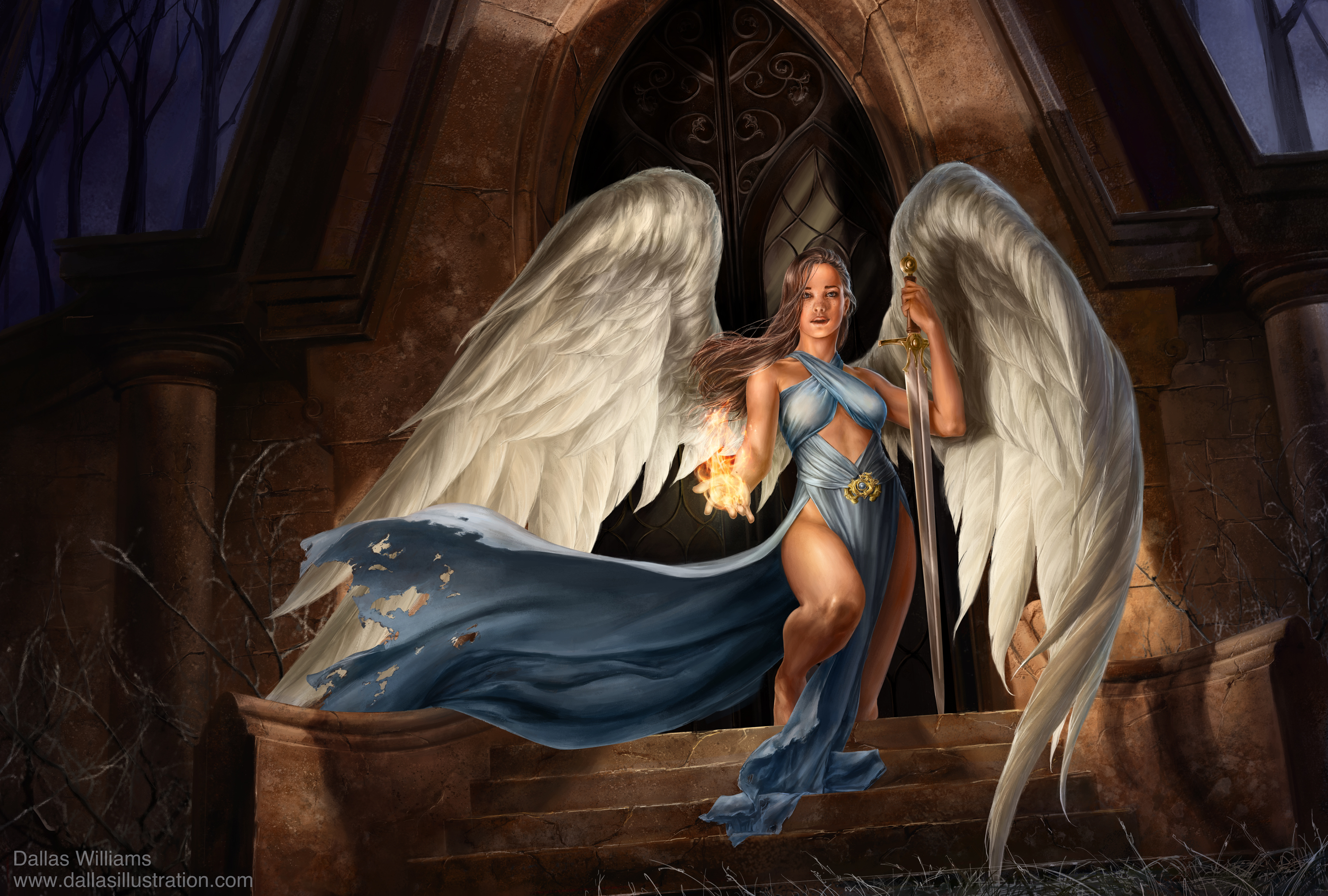 Angel Angel Warrior Arch Brown Hair Building Fantasy Flame Magic Sword Wings 3000x2025