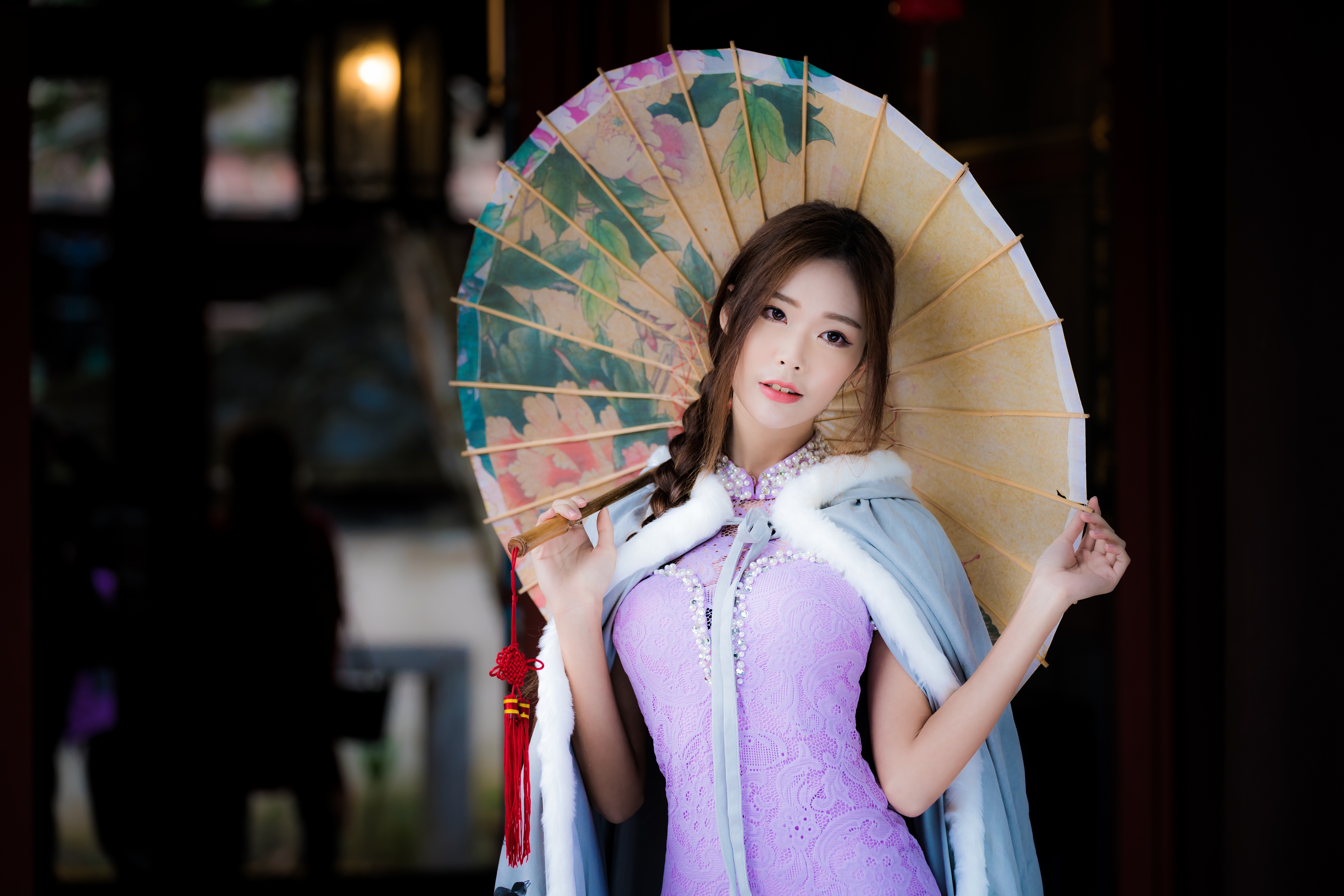 Asian Braid Brunette Dress Girl Model Traditional Costume Umbrella Woman 4000x2668