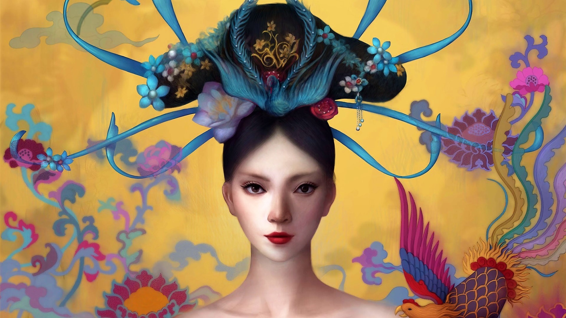 Colorful Fantasy Geisha Girl Lipstick Woman 1920x1080