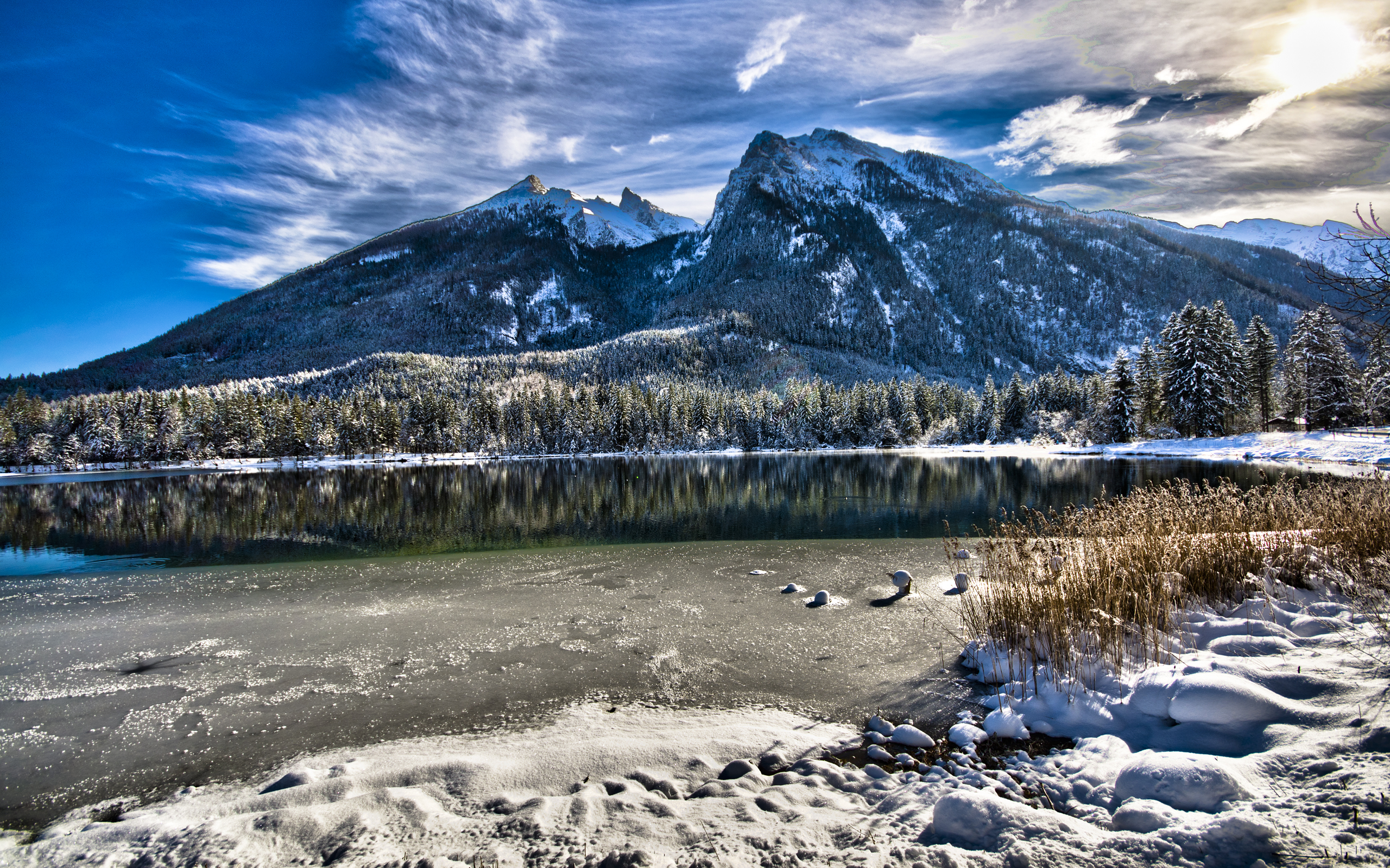 Bavaria Forest Germany Hintersee Lake Mountain Reflection Water Winter 2560x1600