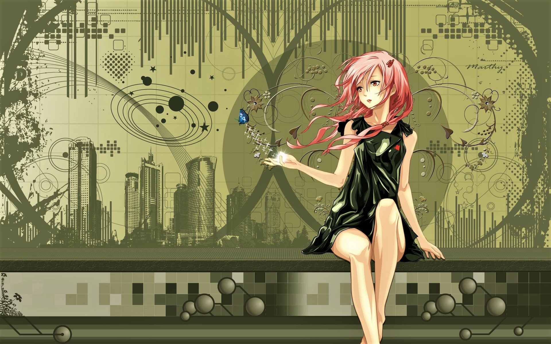 Anime Black Dress Butterfly Girl Guilty Crown Inori Yuzuriha Long Hair Pink Eyes Pink Hair 1920x1200