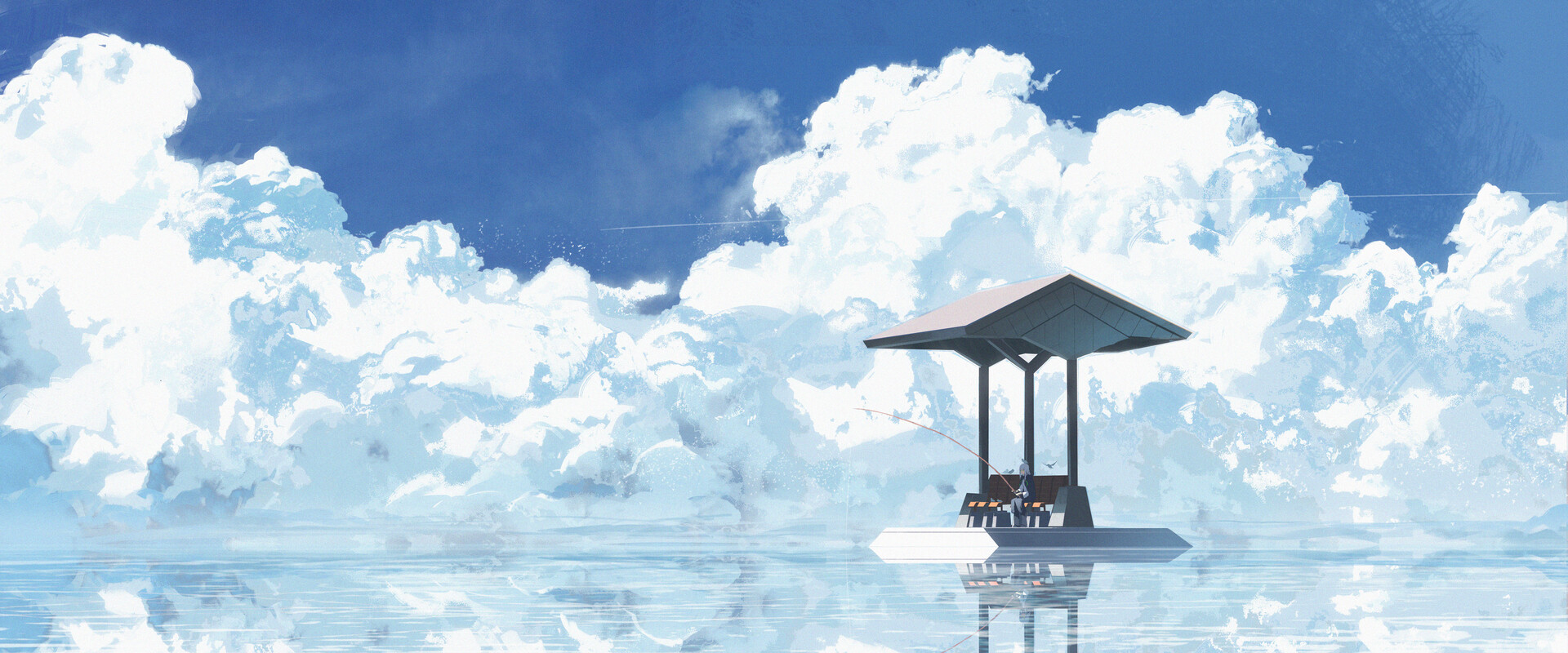 Artwork Digital Art Clouds Fishing Anime 1920x800