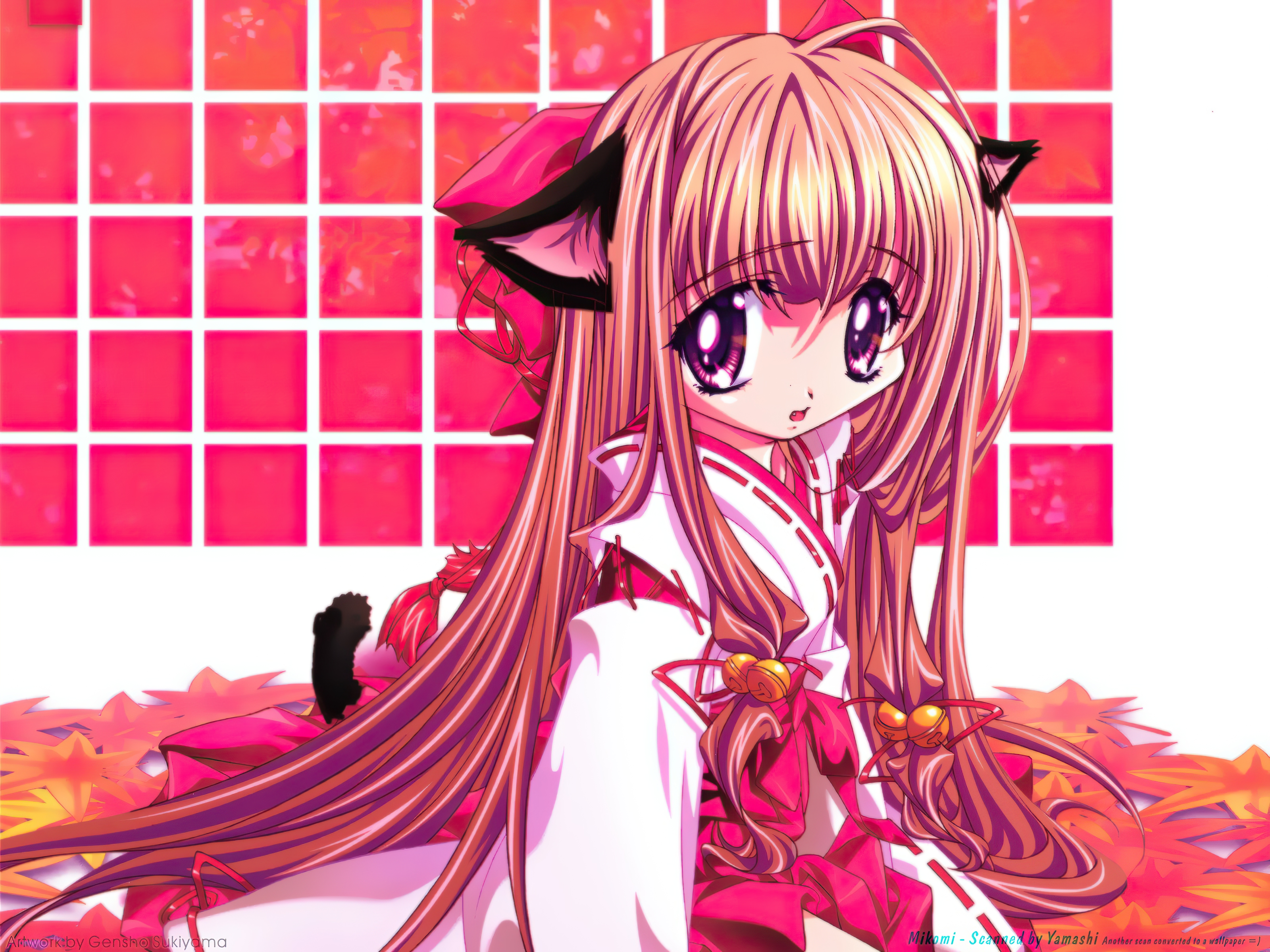 Bell Brown Hair Cat Girl Leaf Long Hair Miko Outfit Purple Eyes Tail 3200x2400