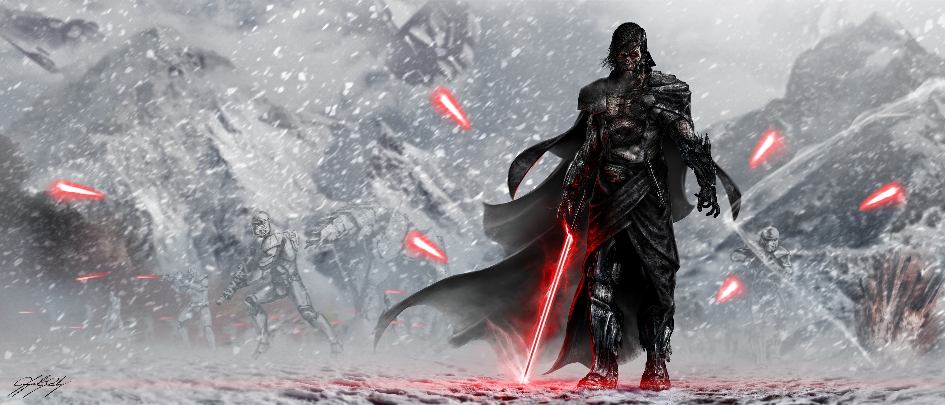 Darth Vader Lightsaber Sith Star Wars Snowfall Star Wars Stormtrooper 3150x1350