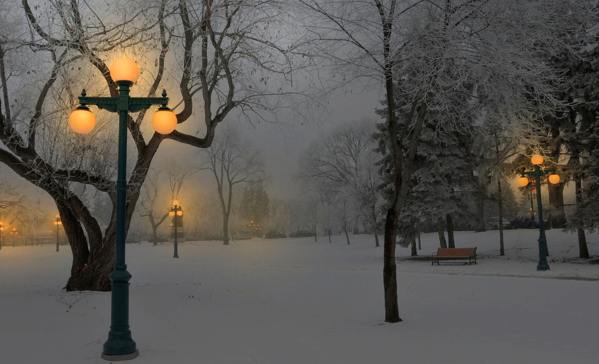 Bench Dusk Lamp Post Light Park Snow Tree Winter 1920x1167