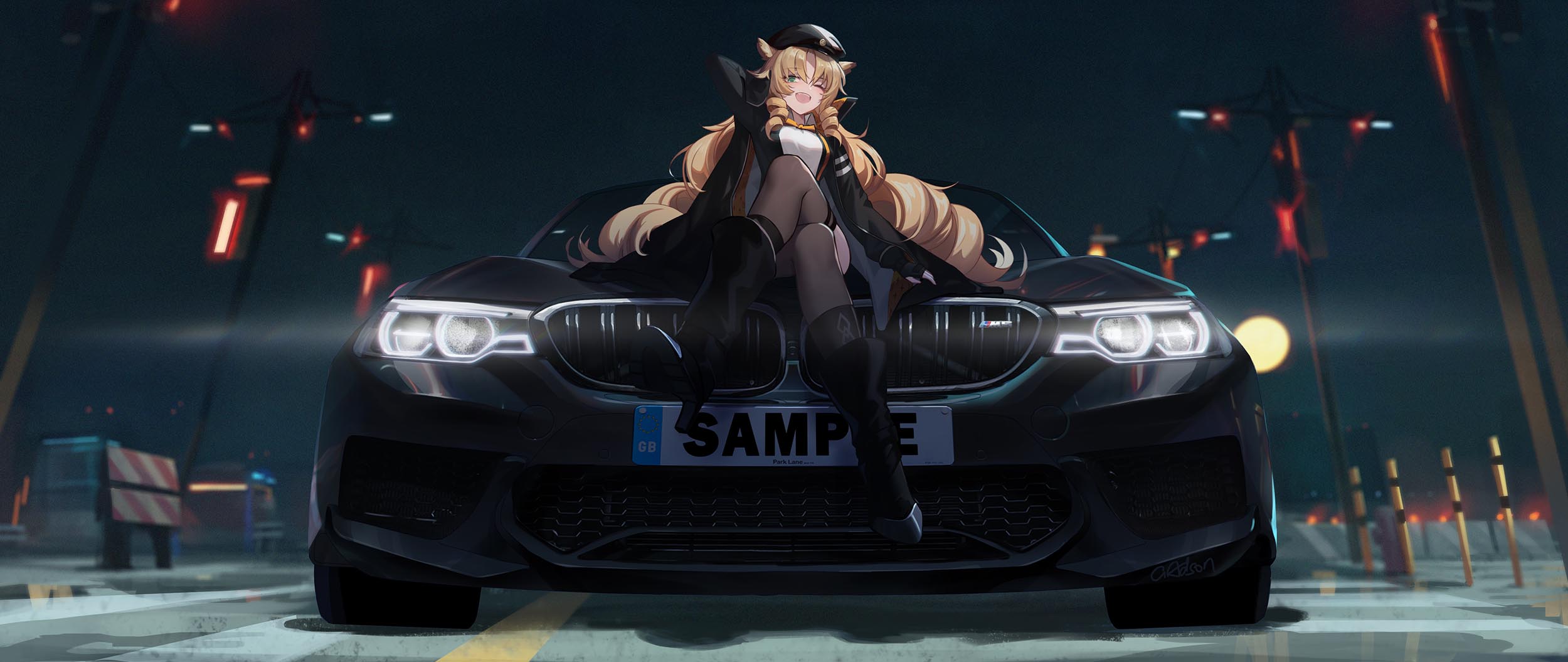 Video Games Swire Arknights Animal Ears Blonde Blushing Boots Car Green Eyes Hat Long Hair Thigh Hig 2500x1055