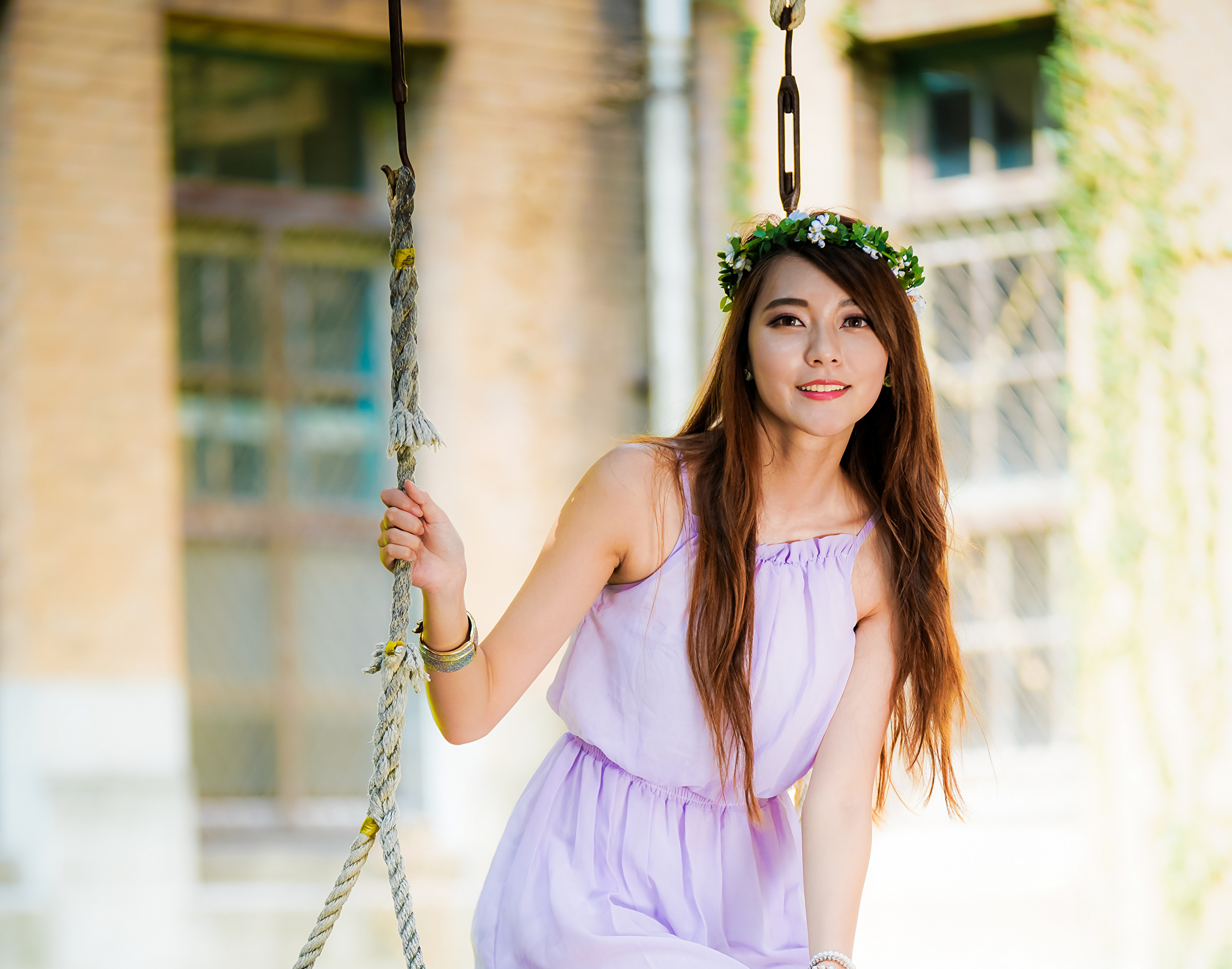 Asian Women Model Long Hair Brunette Rope Swing Flower Crown Dress 2560x2014