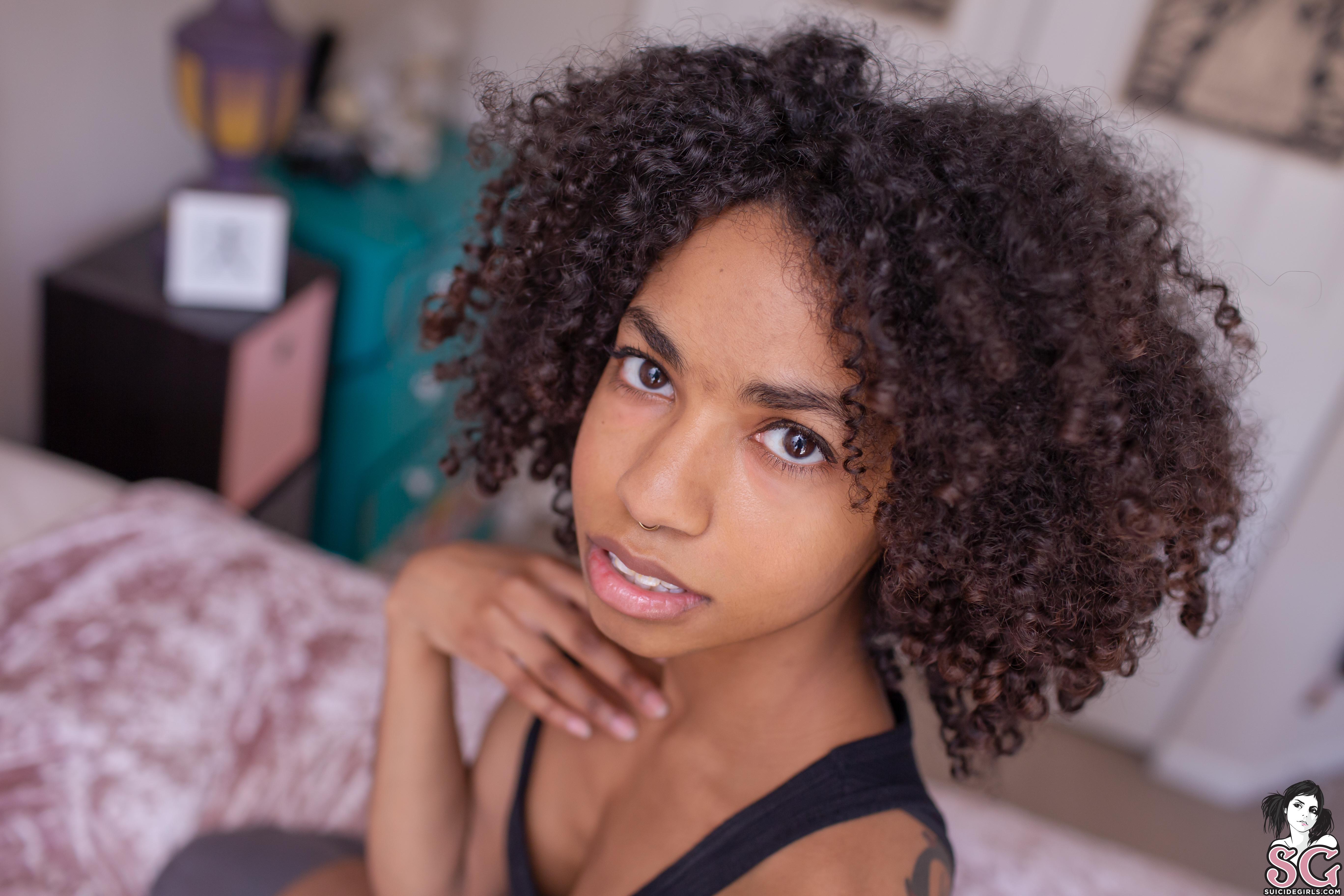 Women Brunette Curly Hair Inked Girls Women Indoors In Bed Bedroom Velvet 5472x3648